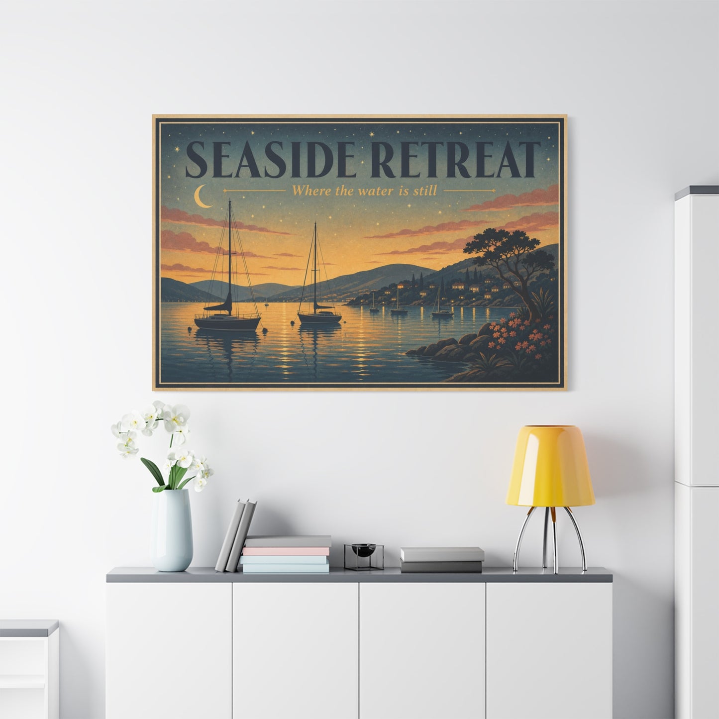 "Seaside Retreat Where The Water Is Still" Coastal Canvas Wall Art - Vintage Sailboat Harbor Sunset Print, Nautical Seascape Decor - Living Room Bedroom Wall Decor - Ready to Hang - Ready to Hang