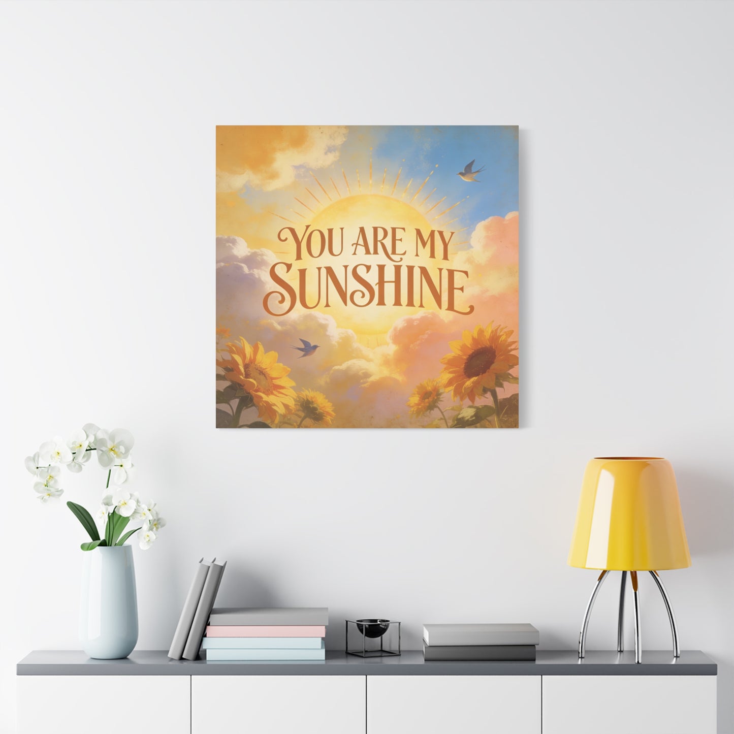 "You Are My Sunshine" Sunflower Canvas Wall Art - Vintage Typography Sky, Birds - Inspirational Farmhouse Style - Living Room Wall Decor, Bedroom Home Decoration, Office Art Accent - Ready to Hang