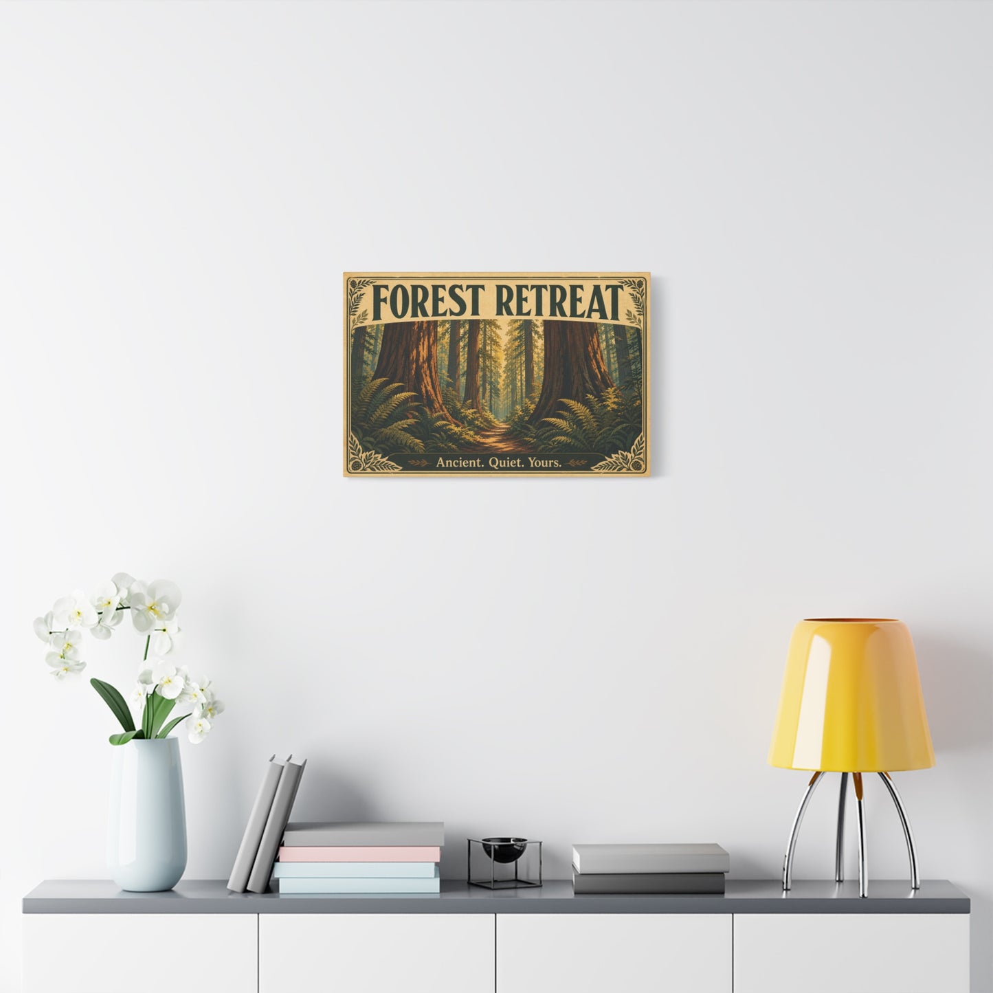 "Forest Retreat" Canvas Wall Art - Vintage Redwood Forest Path Print, Rustic Woodland Home Decor - Ancient. Quiet. Yours. - Cabin Style Living Room Decoration, Bedroom Wall Hanging - Ready to Hang