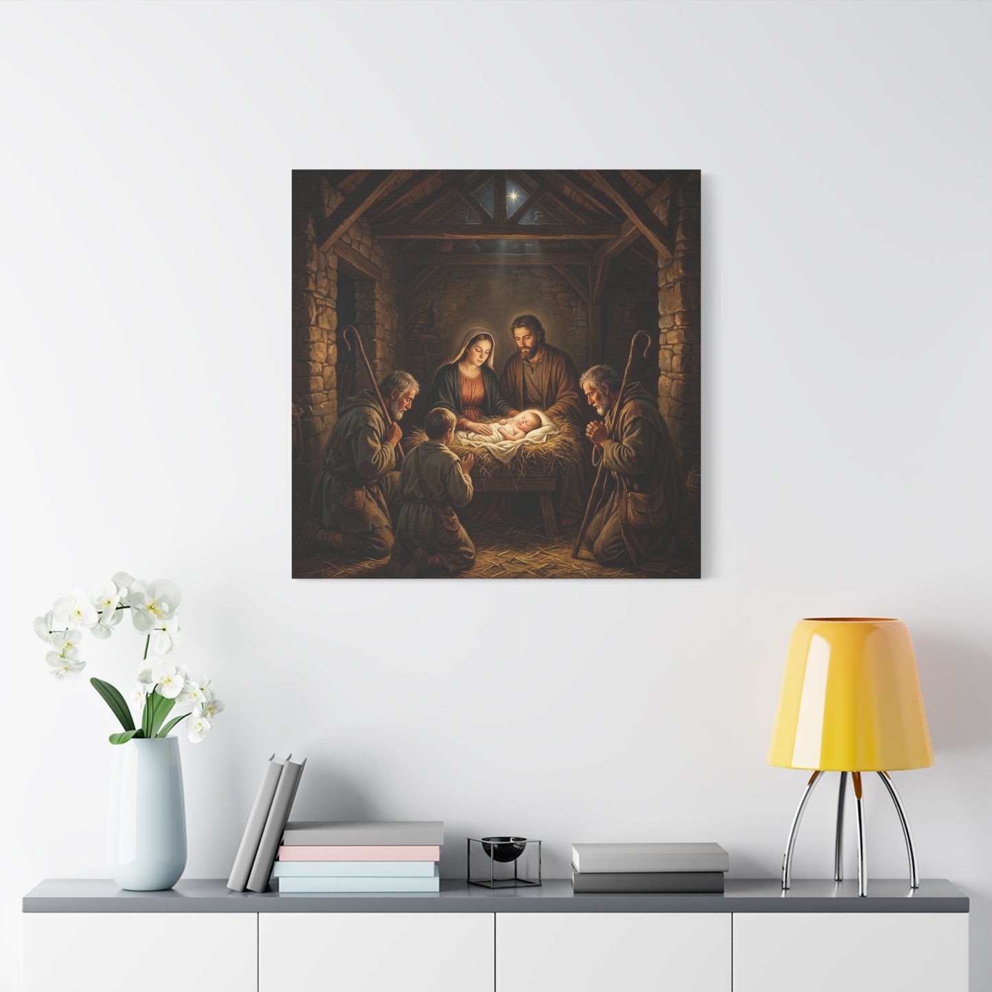 Nativity Scene Canvas Wall Art - Baby Jesus, Virgin Mary, Saint Joseph In Bethlehem Stable - Matte Cotton Print For Living Room Bedroom - Living Room Wall Decor - Bedroom Home Decoration
