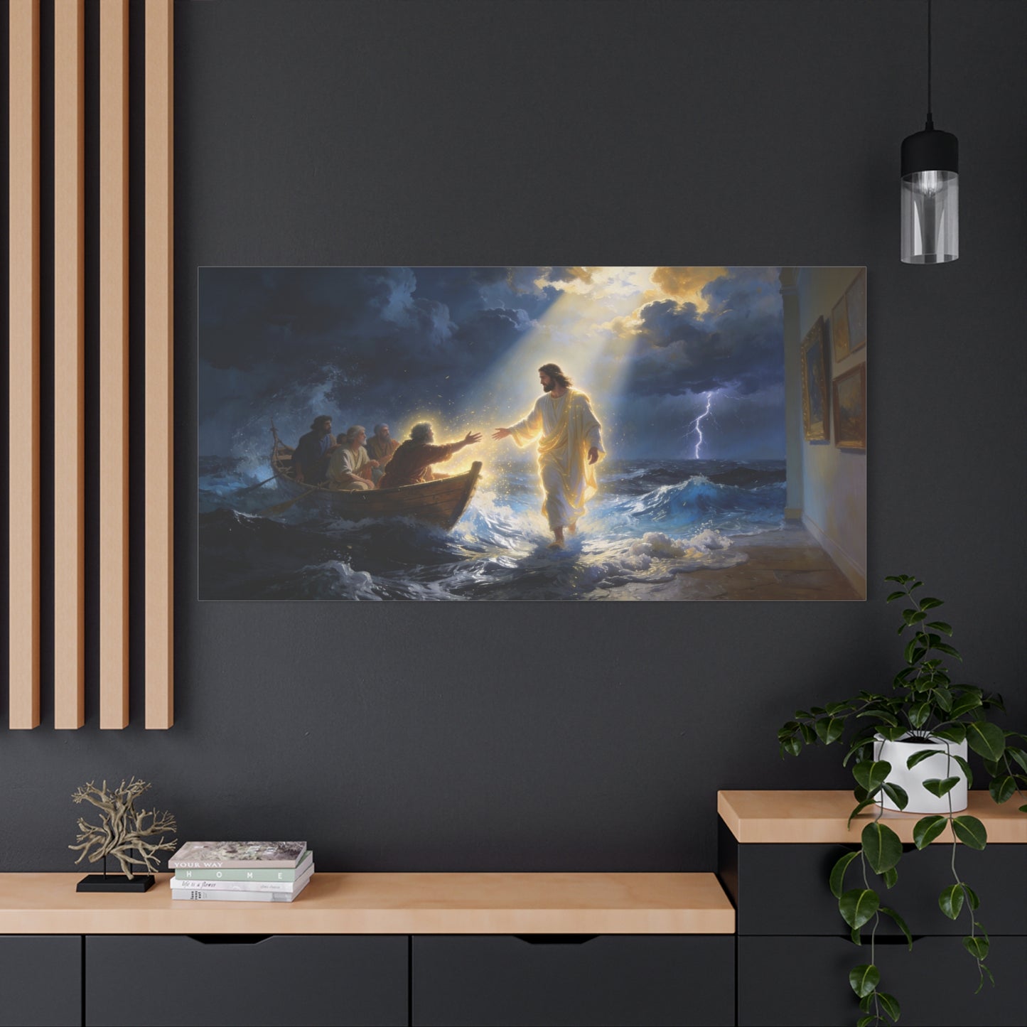 Jesus Christ Walking On Water Canvas Wall Art - Storm Sea Disciples Boat, Religious Christian Decor - Luminous Matte Canvas Print - Traditional Style, Living Room Wall Decor - Bedroom Home Decoration