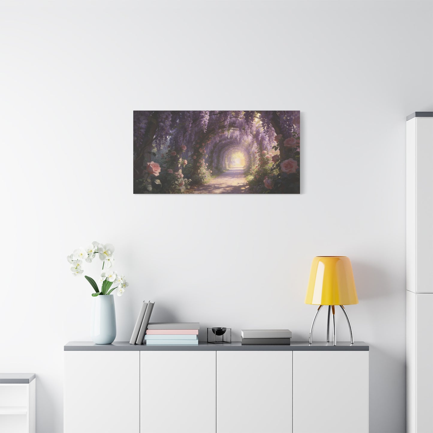 Wisteria Rose Garden Path Canvas Wall Art - Dreamy Floral Tunnel, Luminous Painterly Scene - Gallery Wrapped Cotton Print - Bedroom Wall Decor, Bohemian Home Accent - Bedroom Home Decoration
