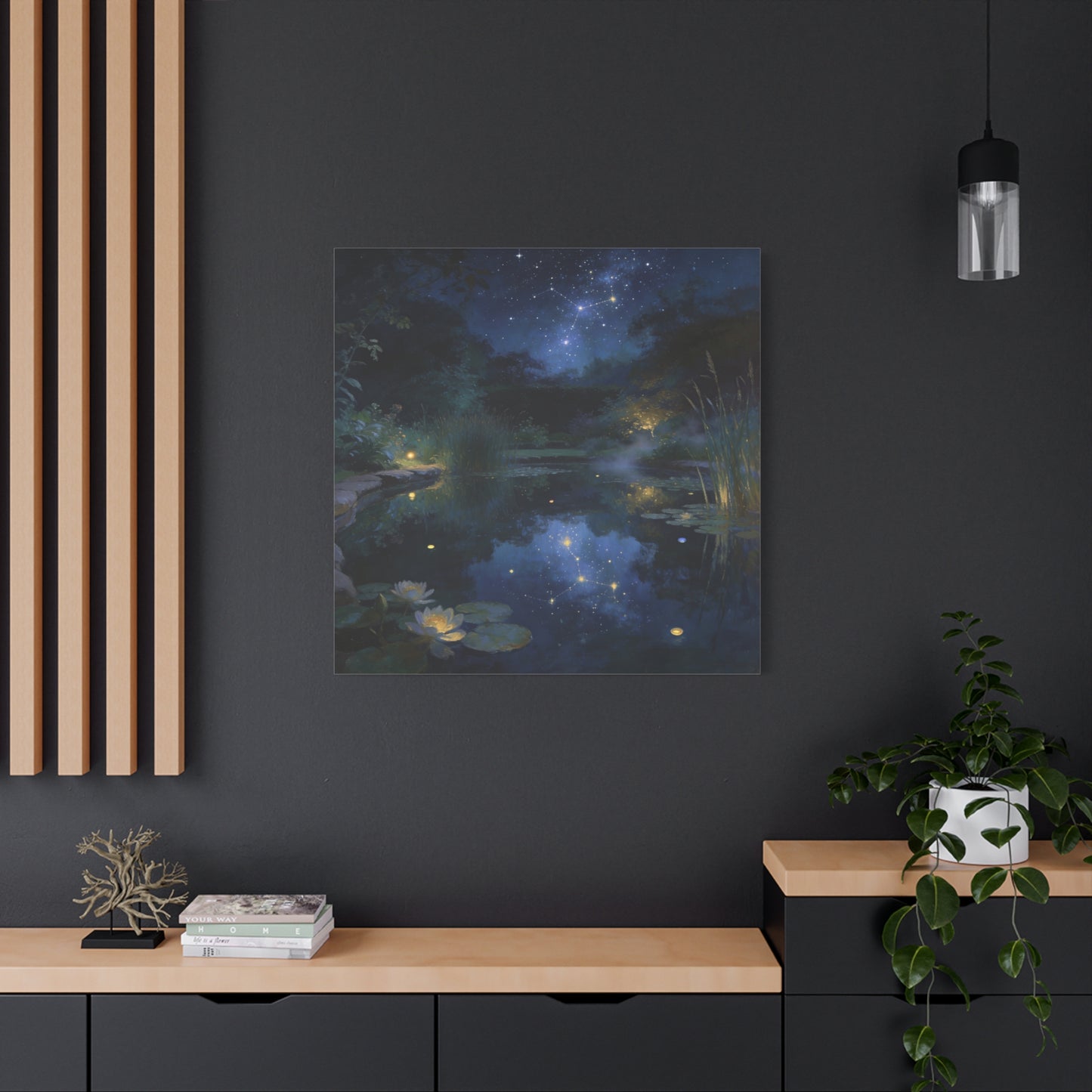 Starry Night Pond Canvas Wall Art - Moonlit Water Lilies, Celestial Reflection Landscape - Dreamy Matte Canvas Print - Traditional Nightscape Style - Living Room Wall Decor Bedroom Home Accent