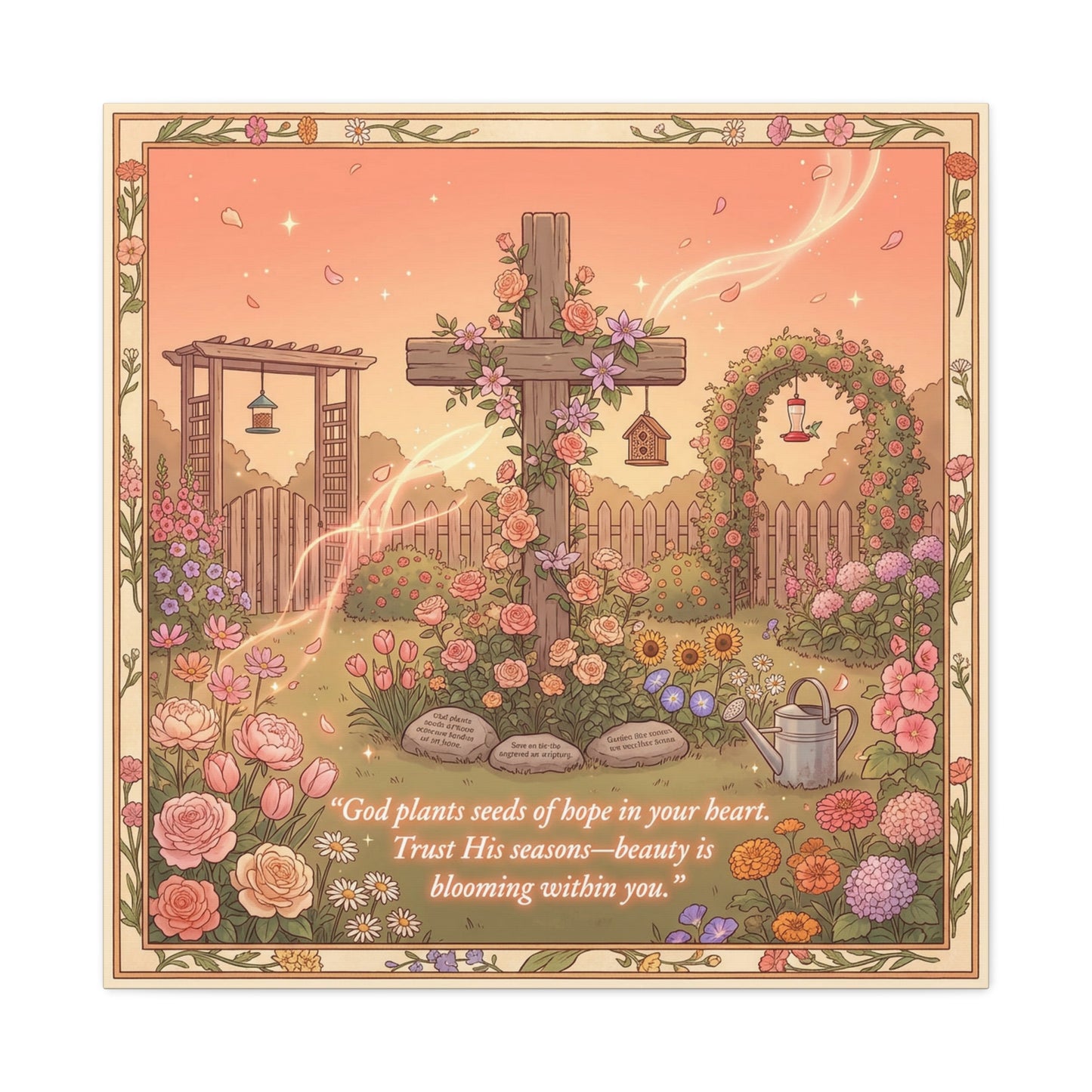 "God Plants Seeds Of Hope In Your Heart" Christian Canvas Wall Art - Floral Cross Garden Scripture Print, Matte Cotton Decor - Inspirational Bedroom Home Decoration, Living Room Accent - Ready to Hang