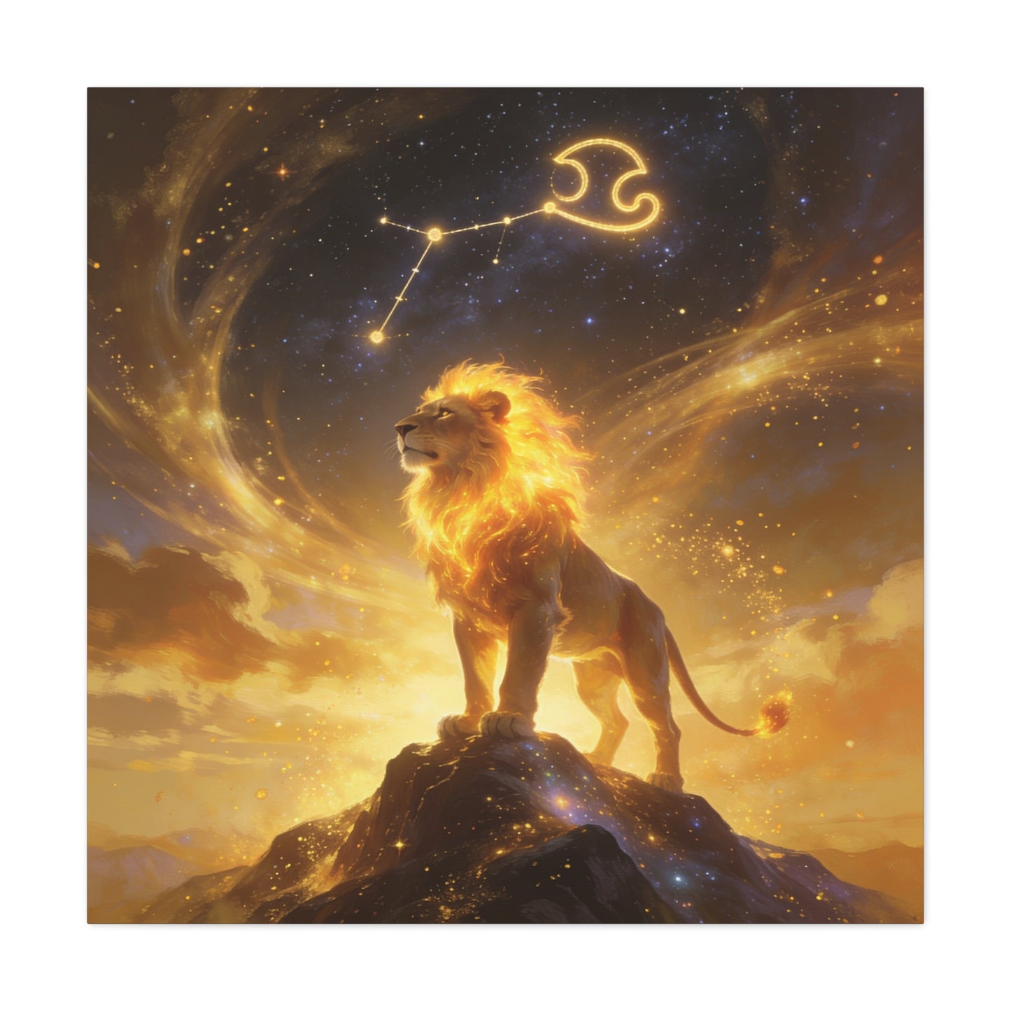 Leo Zodiac Lion Canvas Wall Art - Celestial Astrology Constellation Print, Glowing Gold Cosmic Sky - Fantasy Style, Living Room Wall Decor Bedroom Home Decoration Office Art - Bedroom Home Decoration