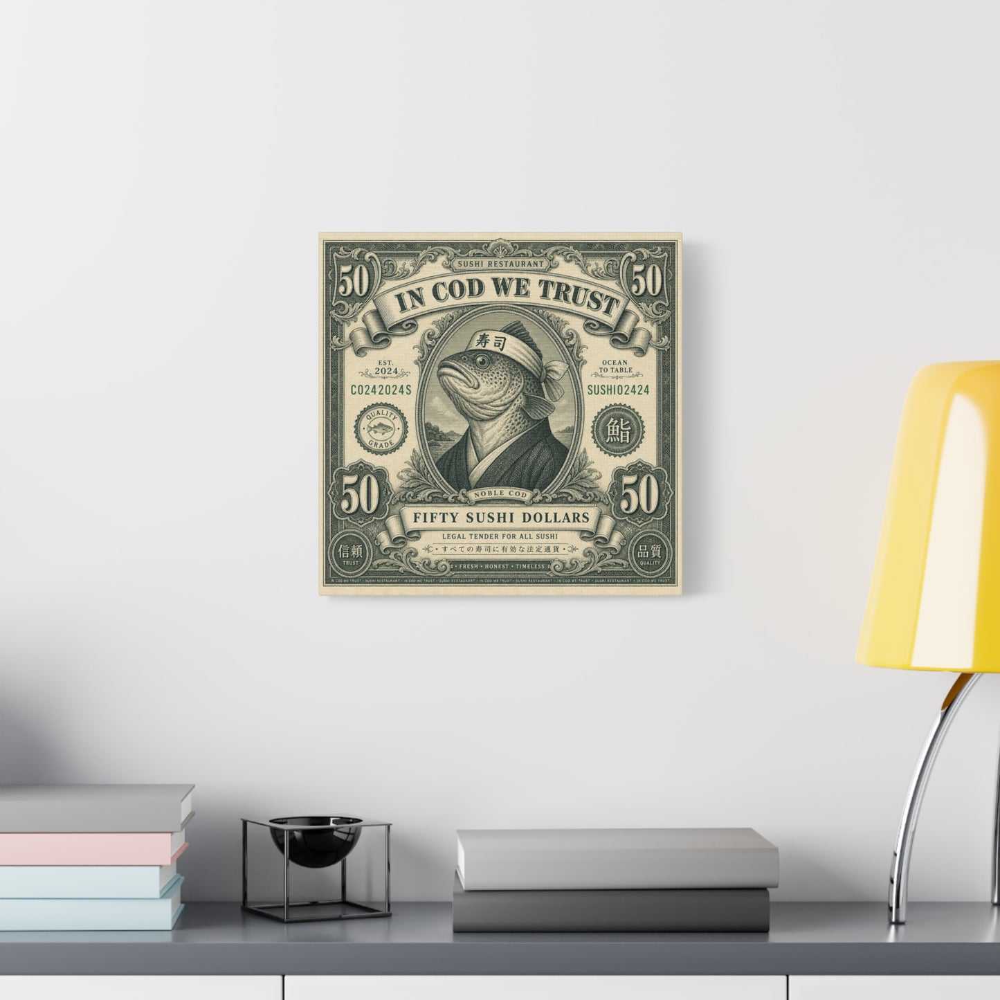 "In Cod We Trust" Sushi Restaurant Canvas Wall Art - Vintage Money Bill Fish Illustration, Typography Poster Style, Cotton Canvas Print, Cafe Decor, Dining Room Accent, Office Art - Ready to Hang
