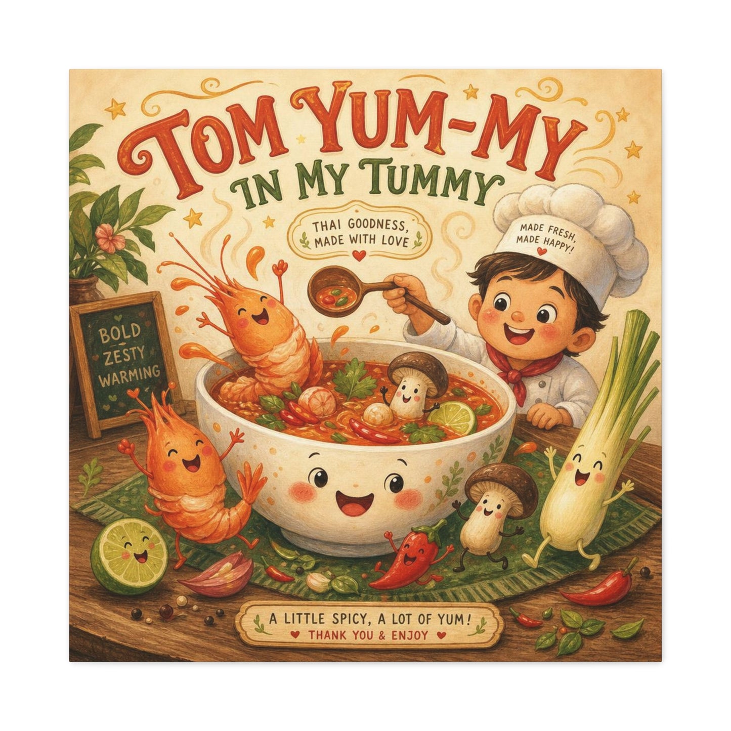 "Tom Yum-My In My Tummy" Canvas Wall Art - Cute Thai Soup Chef Illustration, Whimsical Kitchen Decor - Matte Cotton Canvas Print - Vintage Style Dining Room Wall Decor - Bedroom Home Decoration