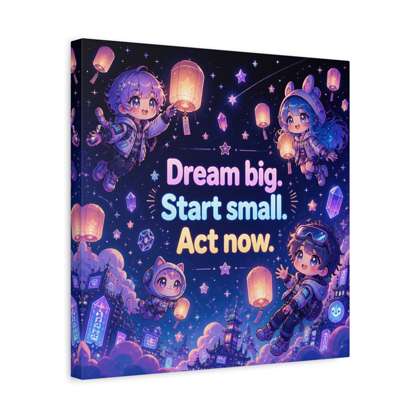 "Dream Big. Start Small. Act Now." Inspirational Canvas Wall Art - Kawaii Space Kids, Star Lantern Night Sky Quote Print - Neon Purple Blue Decor, Bedroom Home Decoration, Teen Room Accent