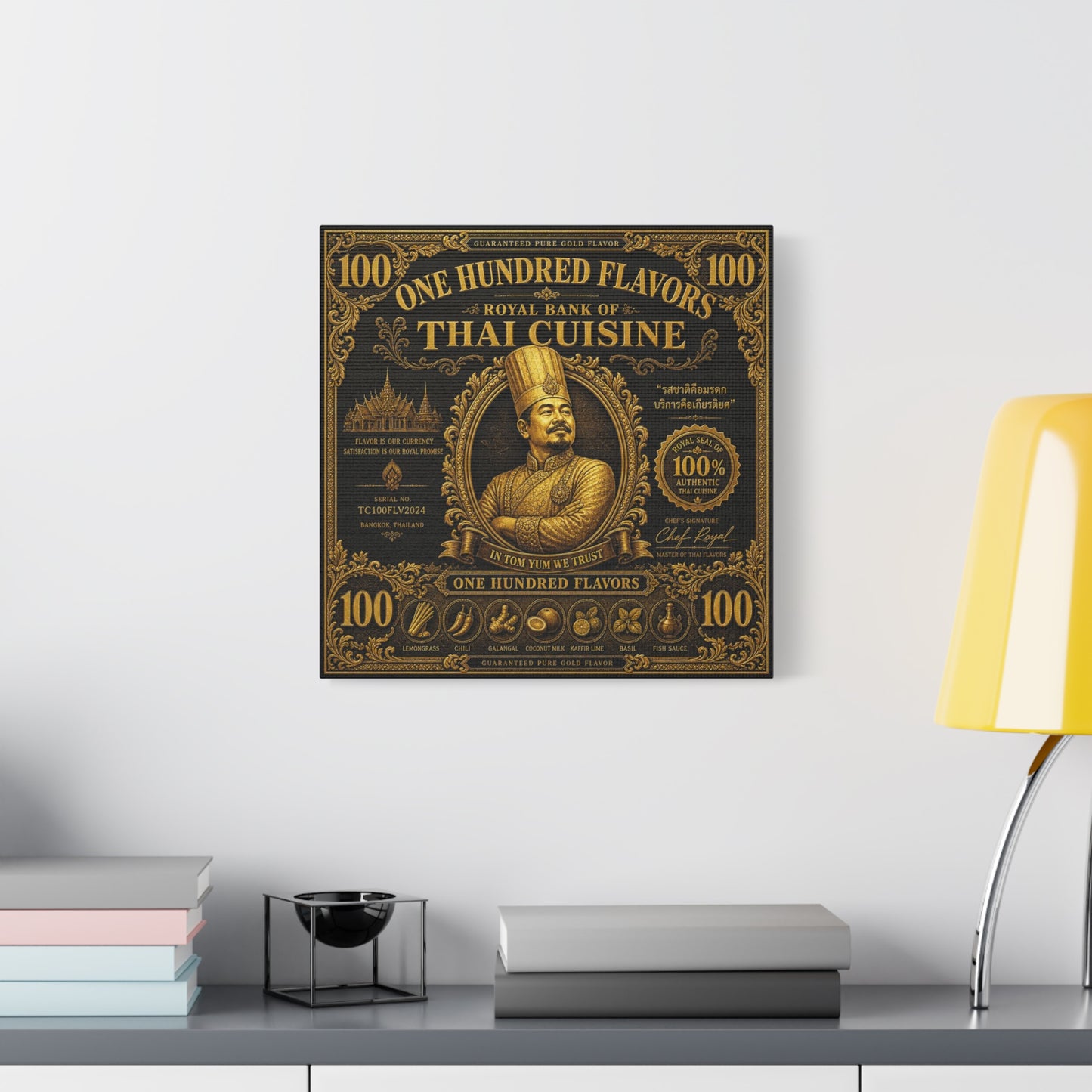 "One Hundred Flavors" Thai Cuisine Canvas Wall Art - Vintage Gold Chef Portrait, Typography Poster Print, Ornate Bangkok Illustration - Restaurant Decor, Dining Room Accent, Cafe Wall Decor