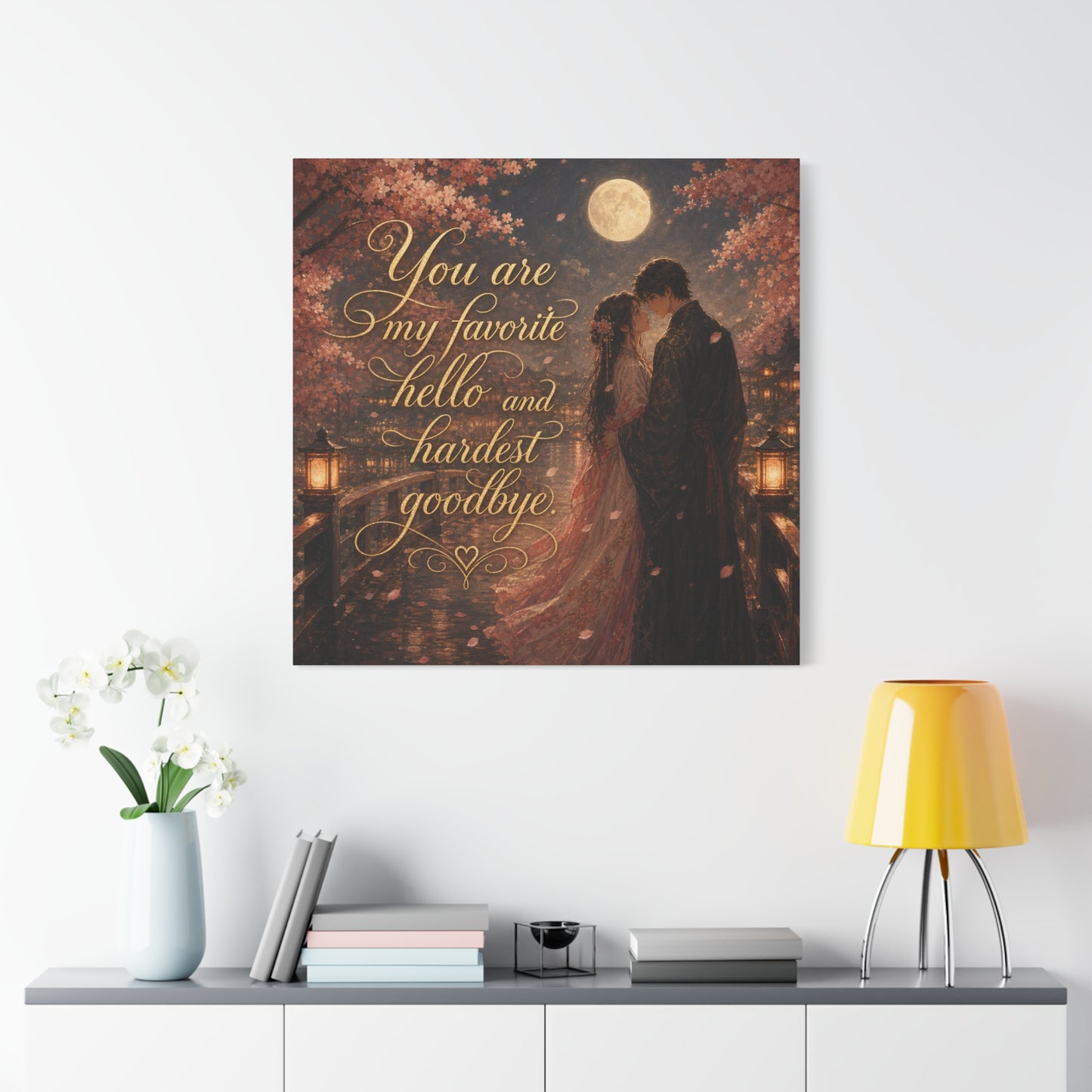 "You Are My Favorite Hello And Hardest Goodbye" Romantic Canvas Wall Art - Moonlit Cherry Blossom Couple, Gold Script Quote Print - Traditional Love Decor, Bedroom Wall Hanging - Cozy Reading Nook Art