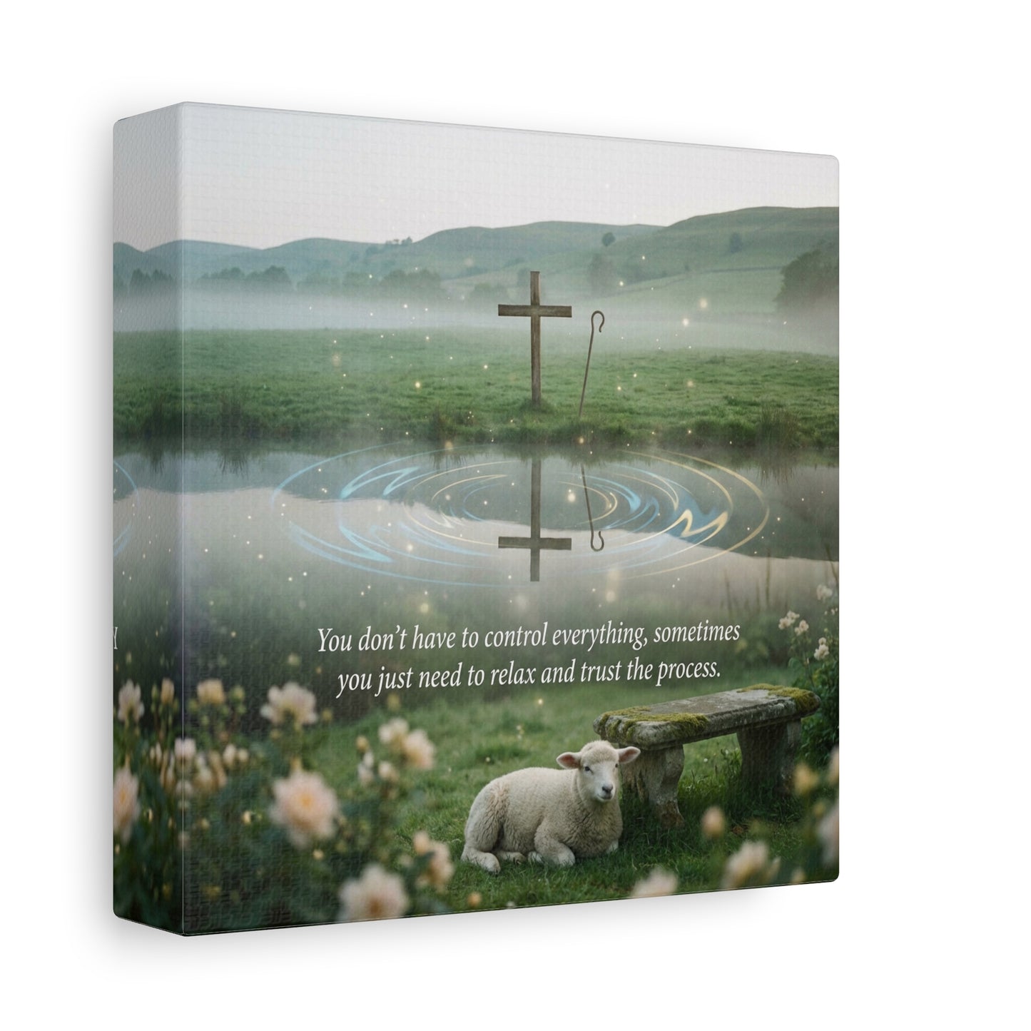 "You Don’t Have To Control Everything, Sometimes You Just Need To Relax And Trust The Process" Canvas Wall Art - Christian Cross, Lamb Meadow Scene - Inspirational Farmhouse Decor - Office Wall Art