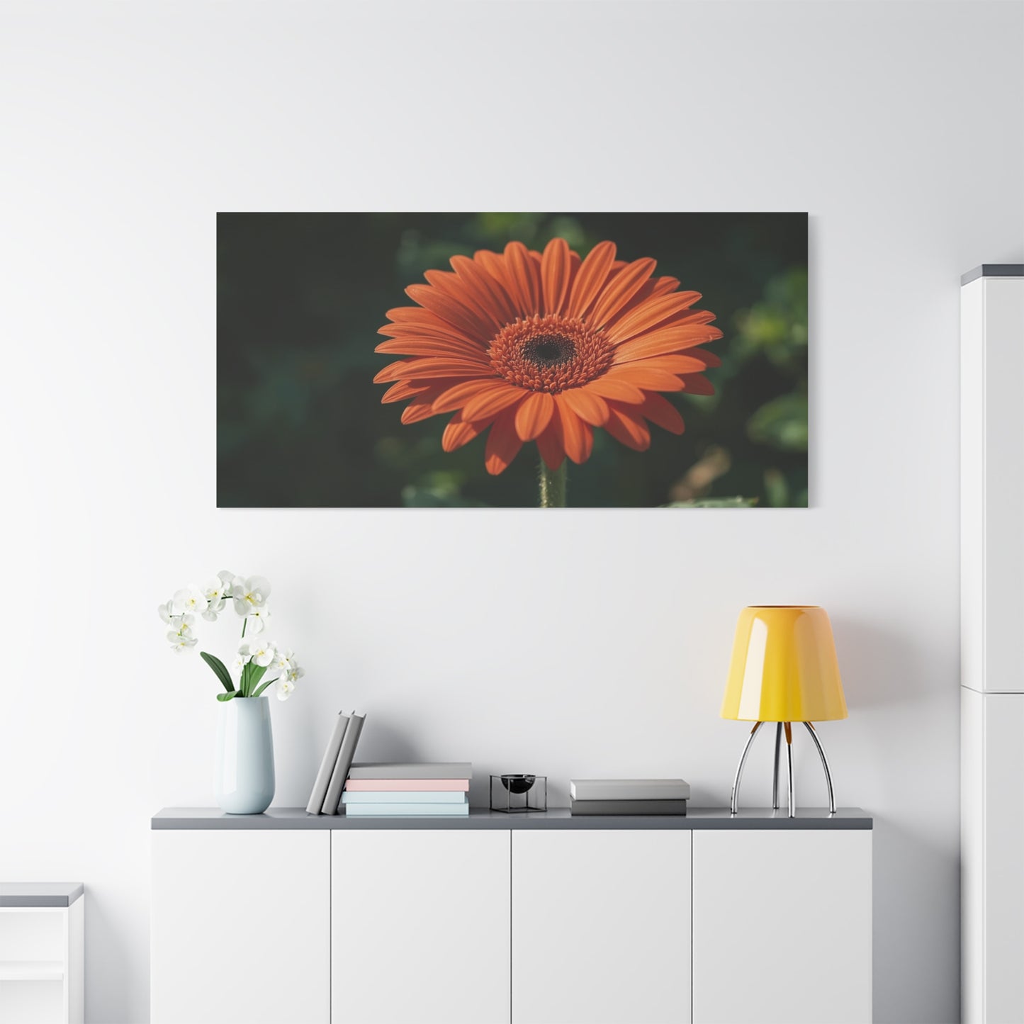 Orange Gerbera Daisy Canvas Wall Art - Botanical Floral Art Print, Dark Green Background - Matte Cotton Decor - Bedroom Wall Hanging, Living Room Home Accent - Bedroom Home Decoration