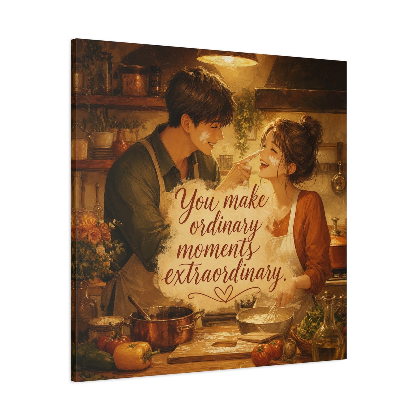 "You Make Ordinary Moments Extraordinary" Couple Canvas Wall Art - Romantic Kitchen Scene, Warm Vintage Illustration Print - Cozy Living Room Decor, Farmhouse Home Accent - Living Room Wall Decor