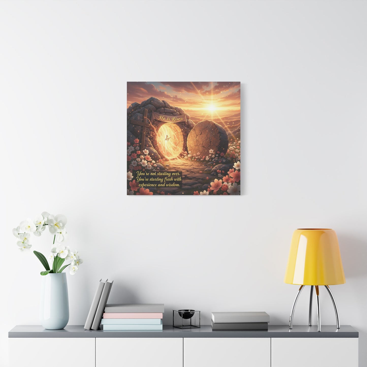 "He Is Risen" Christian Canvas Wall Art - Empty Tomb Cross Sunrise Scripture Print - Floral Faith Home Decoration - Modern Farmhouse Style