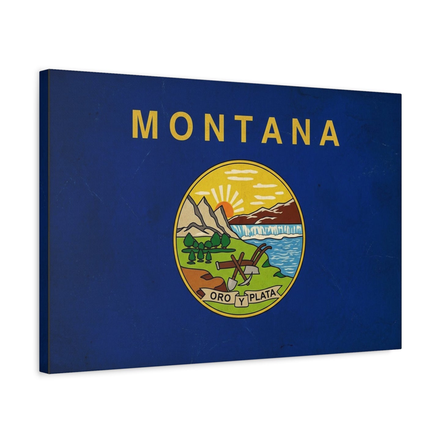 "Montana" State Flag Canvas Wall Art - Oro Y Plata Vintage Flag Print, Blue Western Decor - Rustic Americana Style - Living Room Wall Decor, Office Art - Bedroom Home Decoration - Ready to Hang