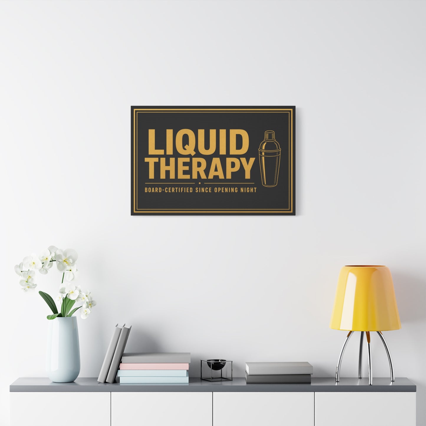 "Liquid Therapy" Cocktail Canvas Wall Art - Board-Certified Since Opening Night Bar Quote Print, Black And Gold Typography, Modern Lounge Decor - Pub Wall Art - Cocktail Lounge Decor - Ready to Hang