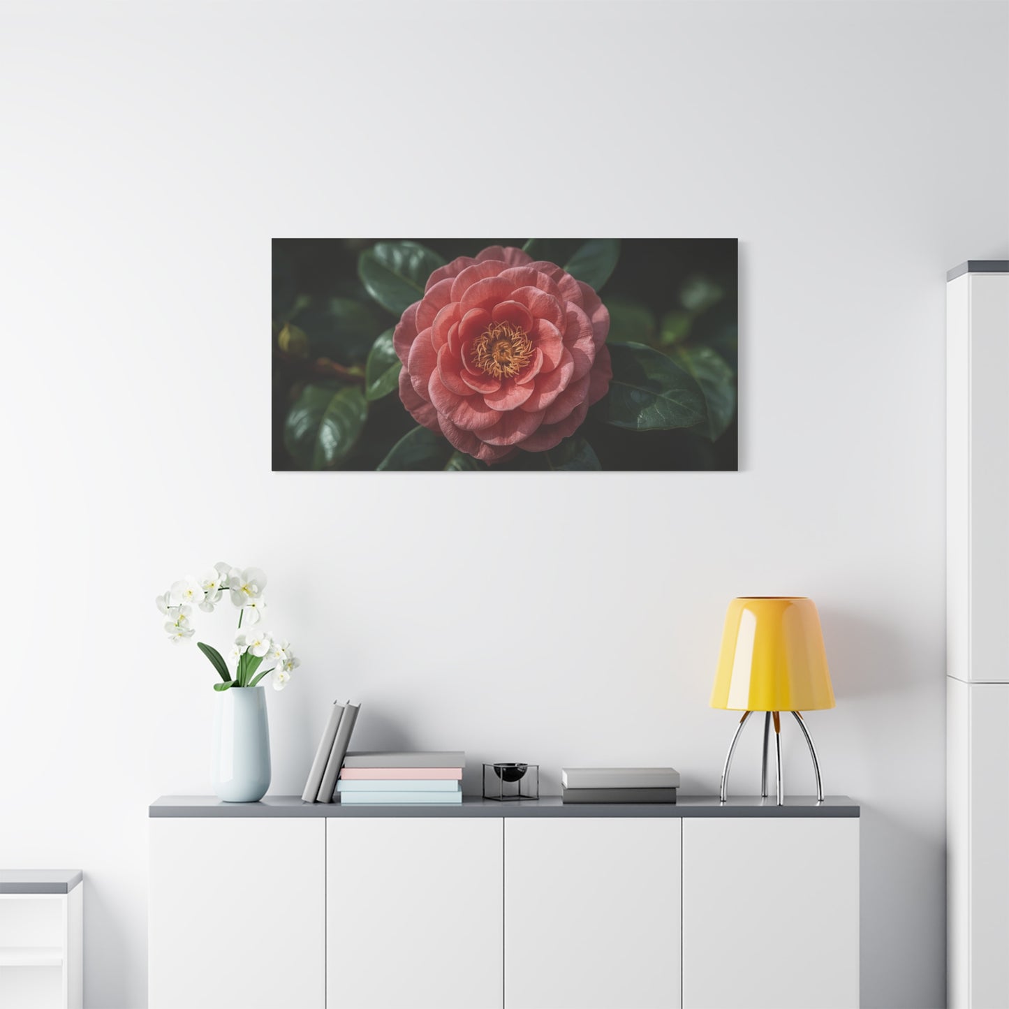 Pink Camellia Flower Canvas Wall Art - Botanical Floral Art Print, Dark Green Leaves, Matte Finish Decor - Traditional Style, Bedroom Wall Decor, Living Room Accent - Bedroom Home Decoration