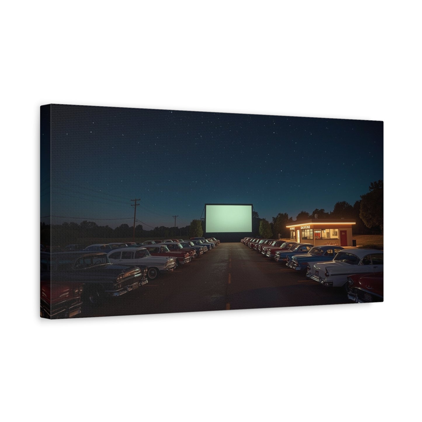 Vintage Drive-In Theater Canvas Wall Art - Starry Night Cinema Parking Lot, Retro Americana Art Print - Moody Contemporary Style - Living Room Wall Decor, Office Art - Bedroom Home Decoration