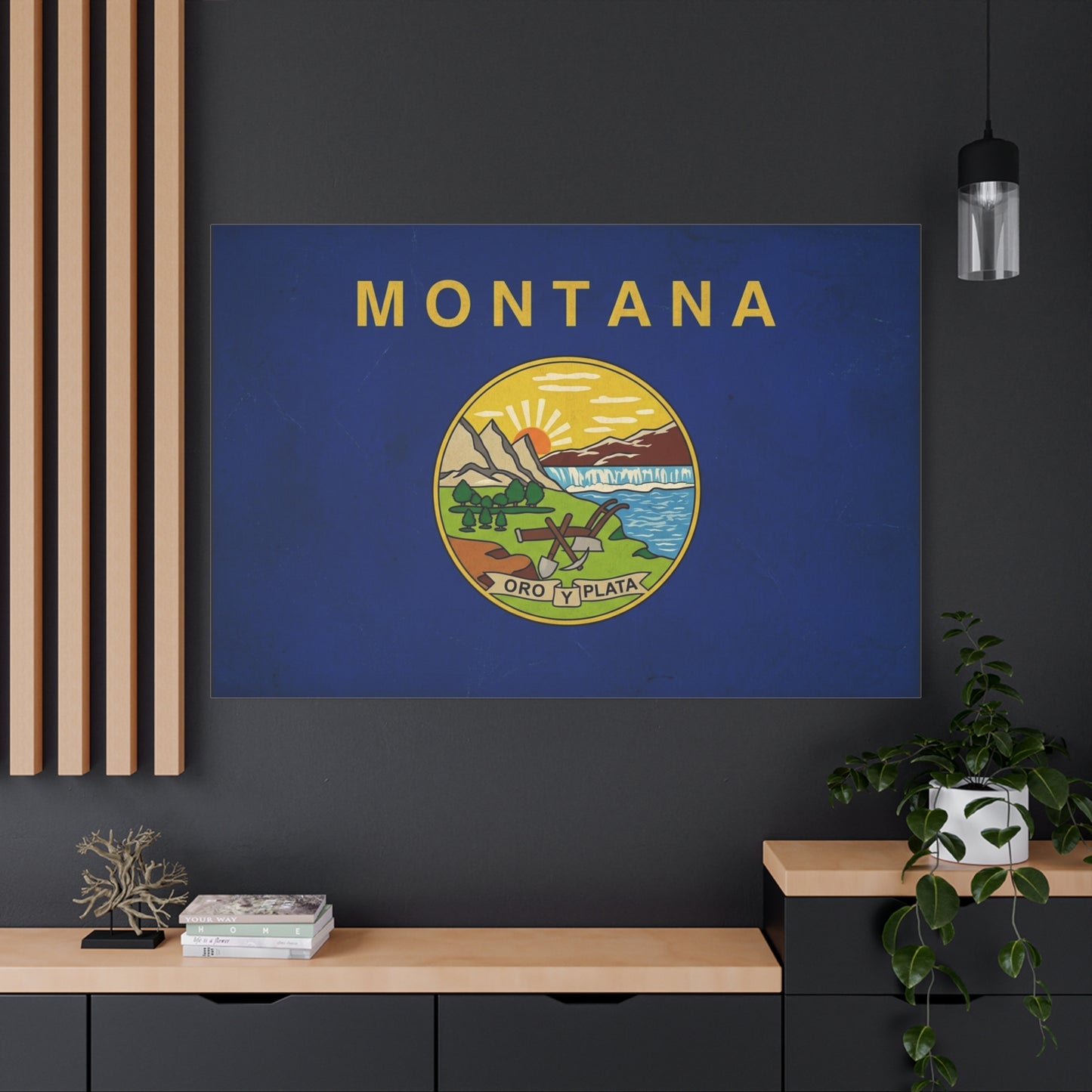 "Montana" State Flag Canvas Wall Art - Oro Y Plata Vintage Flag Print, Blue Western Decor - Rustic Americana Style - Living Room Wall Decor, Office Art - Bedroom Home Decoration - Ready to Hang