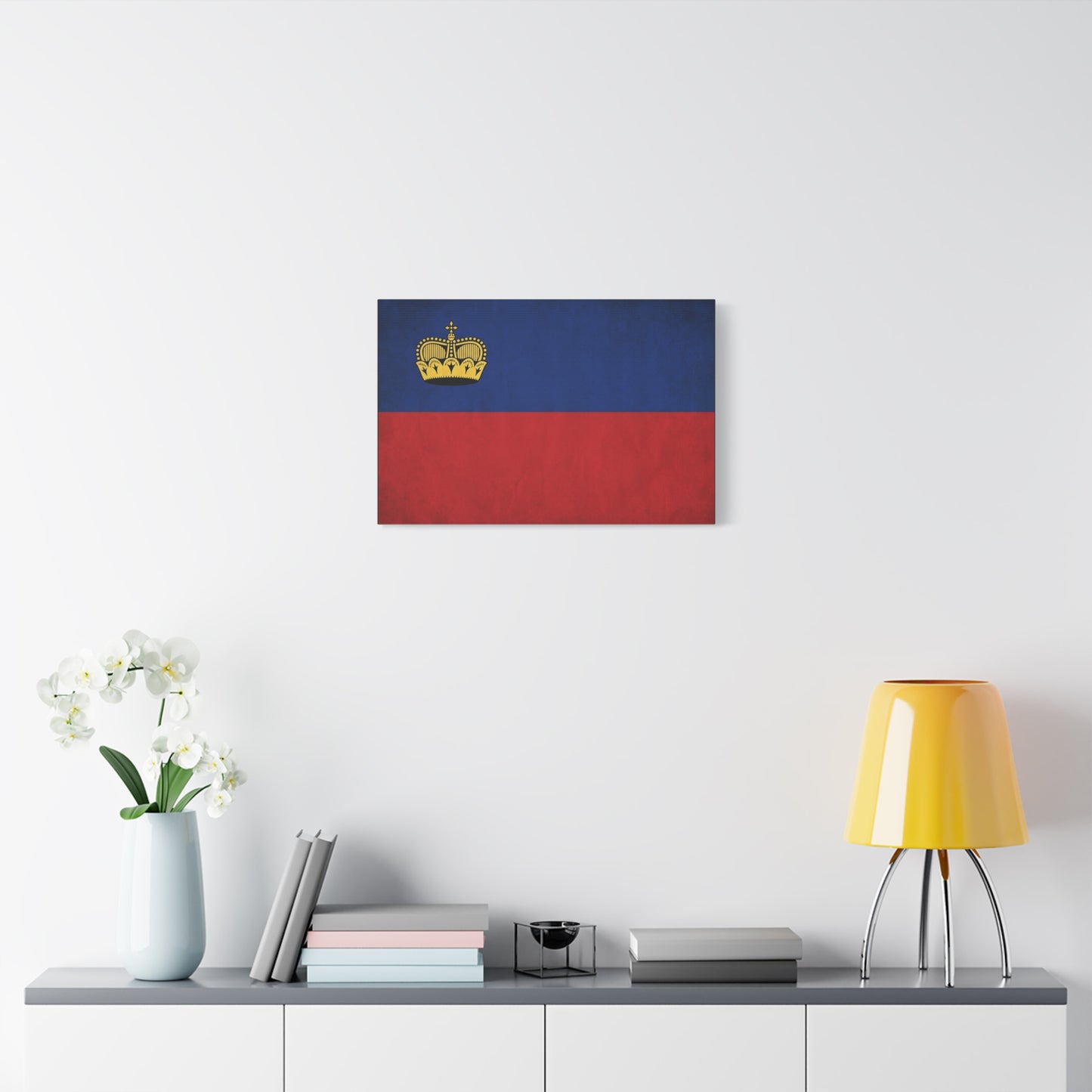 Liechtenstein Flag Canvas Wall Art - Blue Red Banner With Gold Crown - Minimalist National Print, Cotton Canvas Decor - Living Room Wall Decor, Bedroom Home Decoration - Bedroom Home Decoration