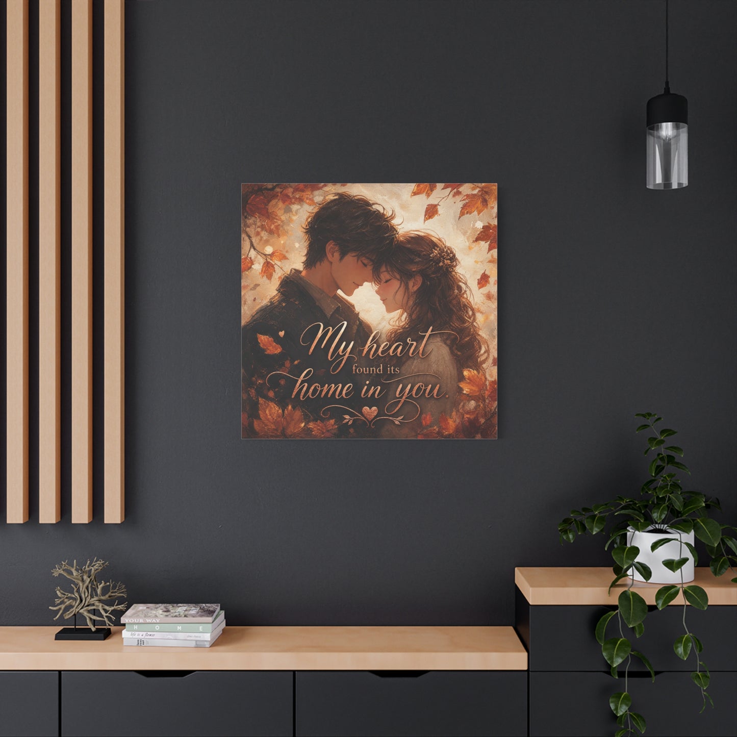 "My Heart Found Its Home In You" Romantic Couple Canvas Wall Art - Autumn Leaves Love Quote Print, Warm Rustic Traditional Style - Bedroom Wall Decor - Ready to Hang - Bedroom Home Decoration
