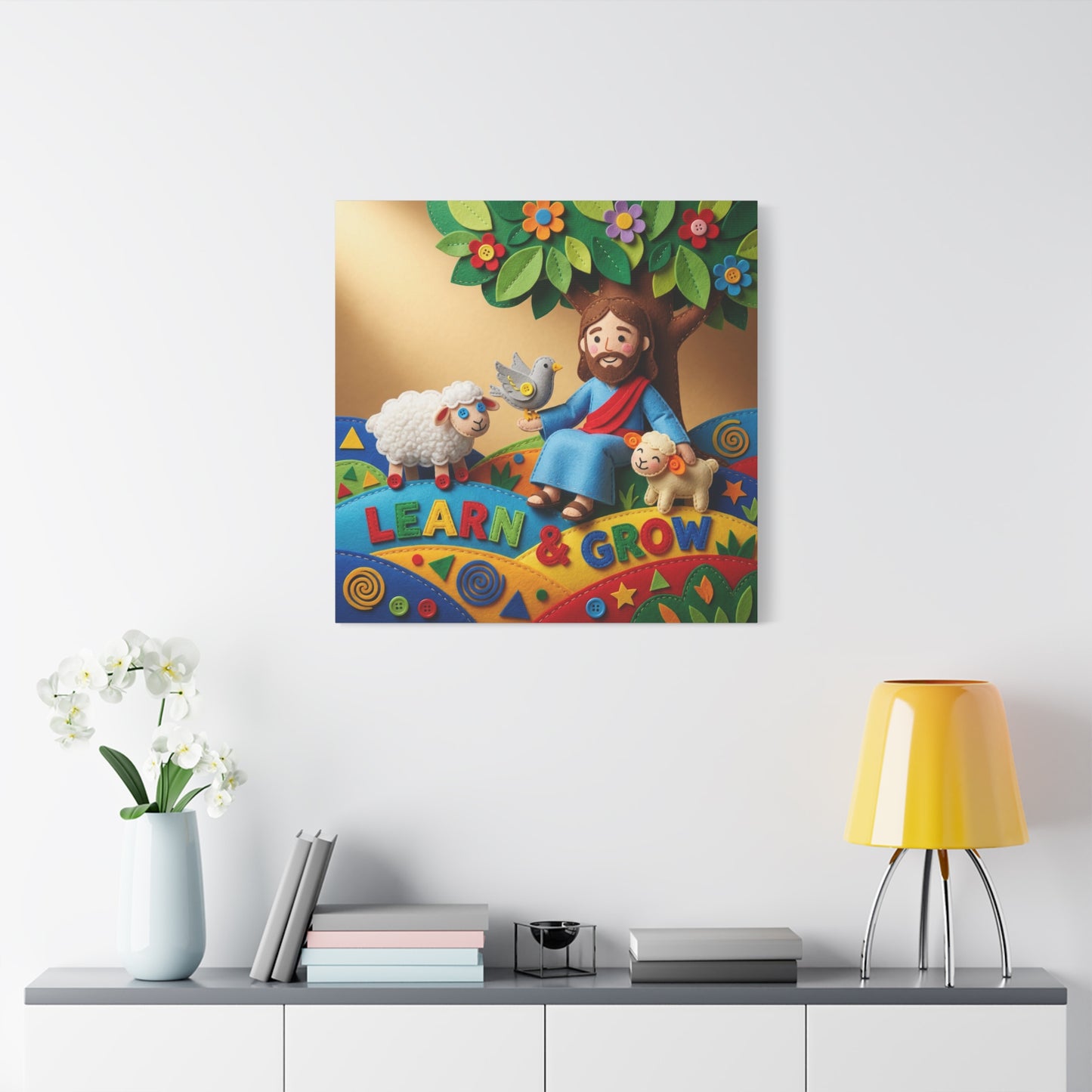 "Learn & Grow" Jesus Canvas Wall Art - Christian Nursery Decor, Lamb And Dove Under Tree - Colorful Felt Style Canvas Print - Kids Room Wall Hanging, Classroom Decoration - Ready to Hang