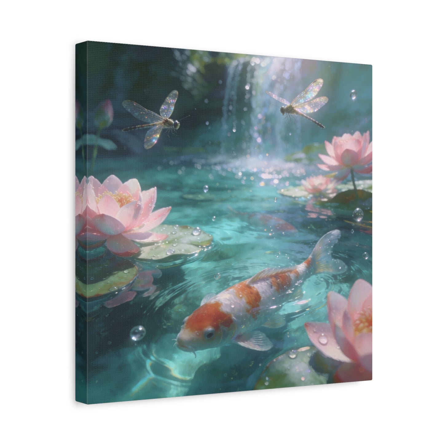 Koi Fish Lotus Canvas Wall Art - Dragonflies Over Teal Pond Water, Pink Water Lily Floral Scene - Dreamy Matte Canvas Print - Bedroom Wall Decor, Living Room Home Accent - Bedroom Home Decoration