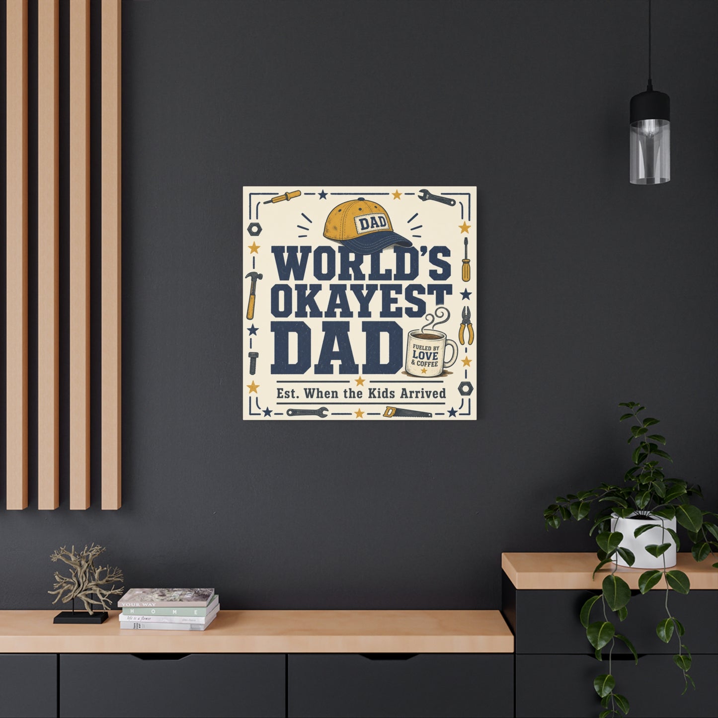 "World's Okayest Dad" Canvas Wall Art - Funny Dad Quote Print, Tool Theme Workshop Decor, Rustic Typography Home Decoration, Man Cave Office Wall Hanging - Bedroom Home Decoration - Ready to Hang