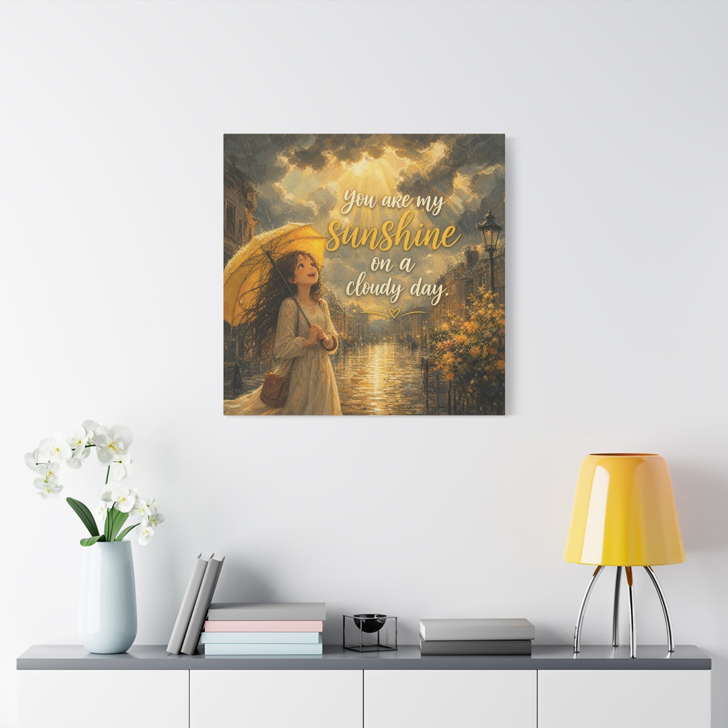 "You Are My Sunshine On A Cloudy Day" Canvas Wall Art - Girl With Yellow Umbrella Quote Print - Golden Rainy Street Painting, Inspirational Decor - Bedroom Home Decoration - Living Room Wall Decor