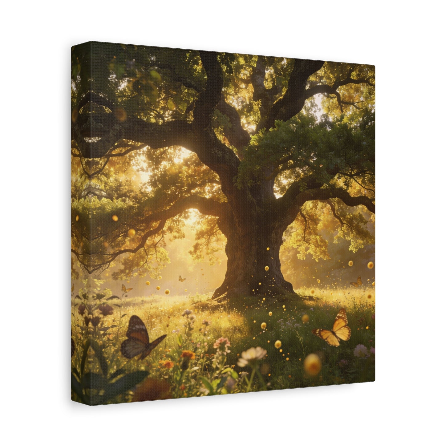 Sunlit Oak Tree Canvas Wall Art - Golden Meadow Butterflies, Nature Landscape Print - Matte Cotton Art Print, Traditional Style - Living Room Wall Decor, Bedroom Home Decoration - Ready to Hang