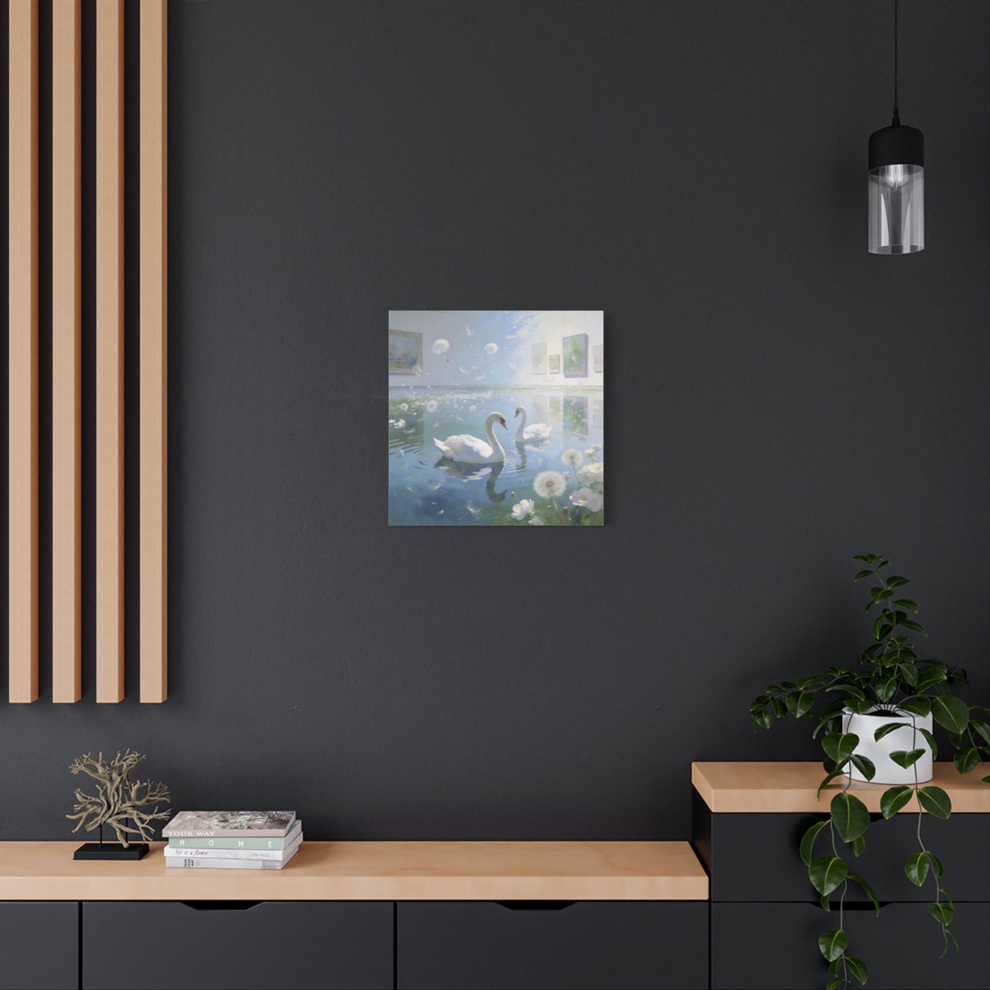 White Swan Canvas Wall Art - Serene Pond With Dandelion Seeds, Soft Blue Water Reflection - Dreamy Traditional Style - Living Room Wall Decor, Bedroom Home Decoration, Office Art - Ready to Hang