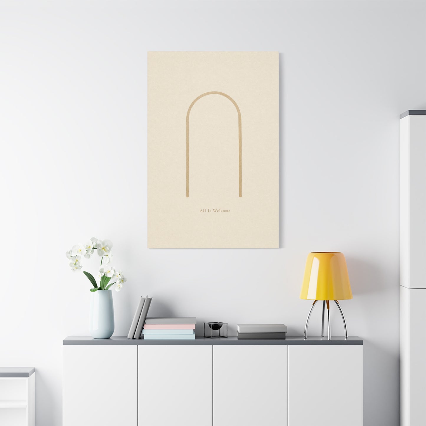 "All Is Welcome" Minimalist Arch Canvas Wall Art - Neutral Beige Line Print, Contemporary Typography Decor - Calming Bedroom Home Decoration, Living Room Wall Decor - Ready to Hang - Ready to Hang