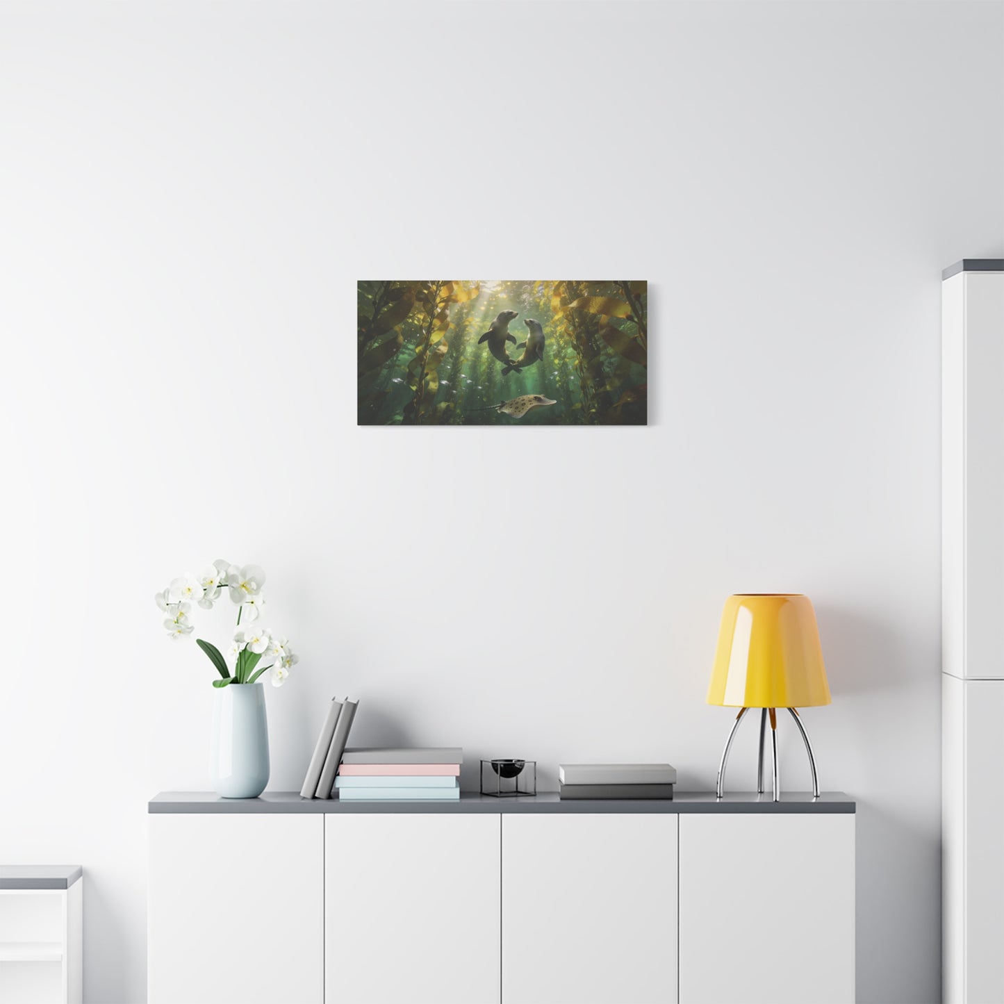 Sea Lion Kelp Forest Canvas Wall Art - Underwater Ocean Wildlife Print, Sunbeam Marine Scene, Matte Cotton Decor - Coastal Style Living Room Wall Decor, Bedroom Home Decoration - Cozy Reading Nook Art