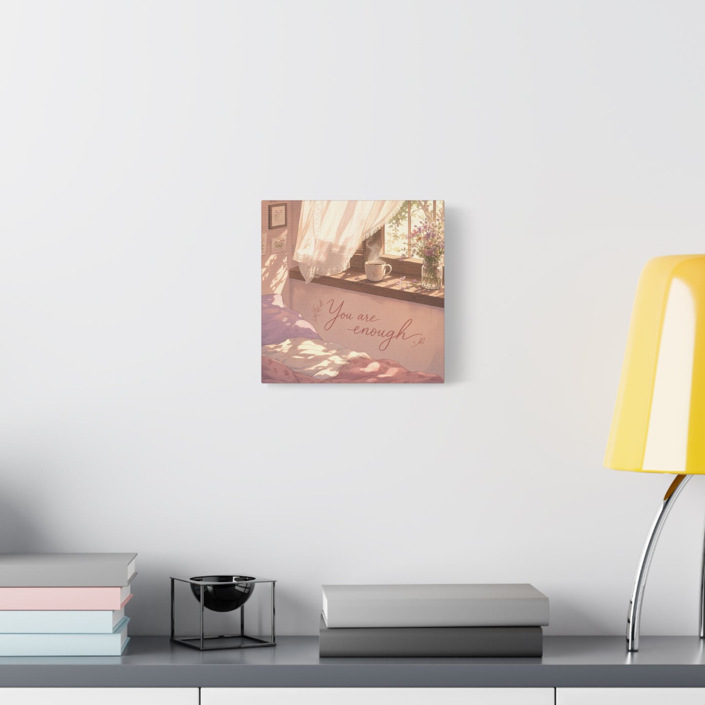 "You Are Enough" Inspirational Canvas Wall Art - Sunlit Bedroom Window Flowers, Cozy Pink Cottagecore Decor - Matte Affirmation Print - Bedroom Home Decoration, Teen Room Accent - Office Wall Art