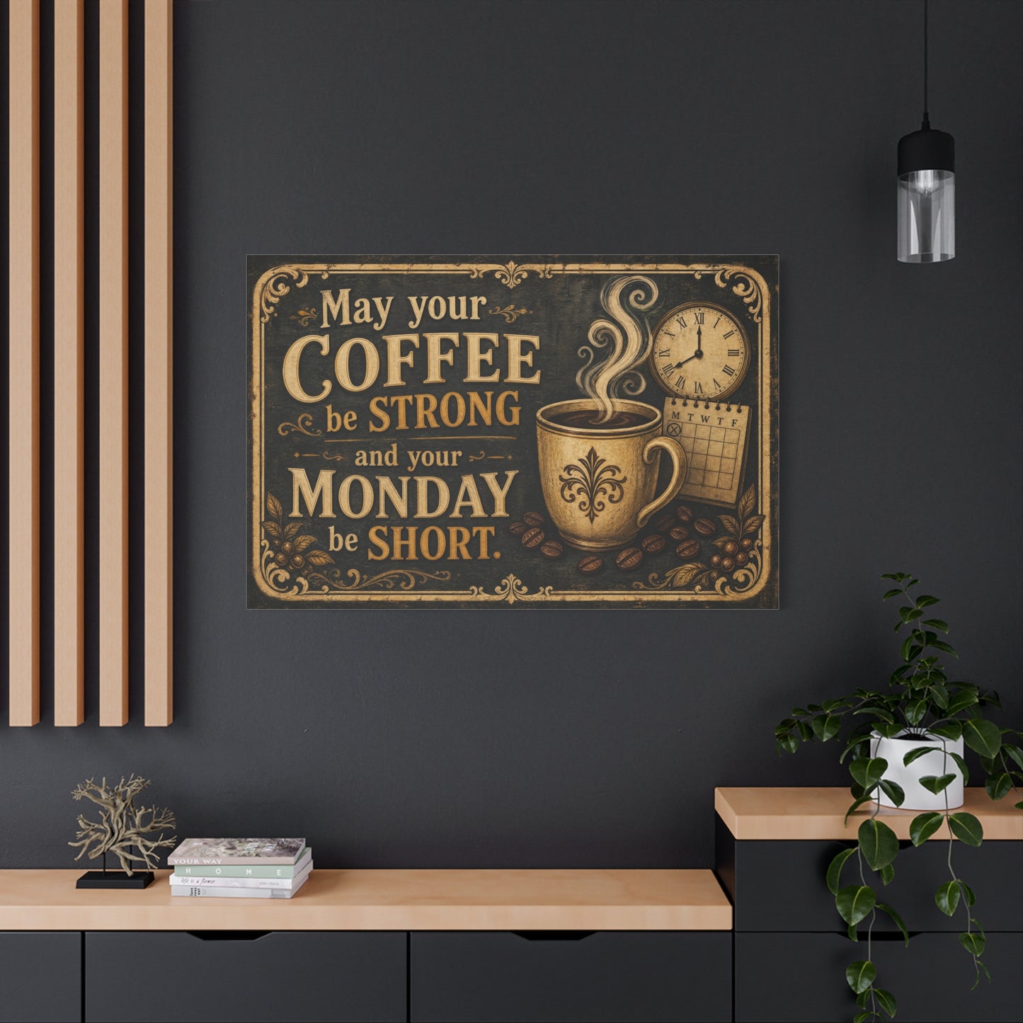 "May Your Coffee Be Strong And Your Monday Be Short" Canvas Wall Art - Vintage Coffee Cup Quote Print, Rustic Decor, Farmhouse Wall Hanging - Ready to Hang - Bistro Decor - Espresso Bar Sign