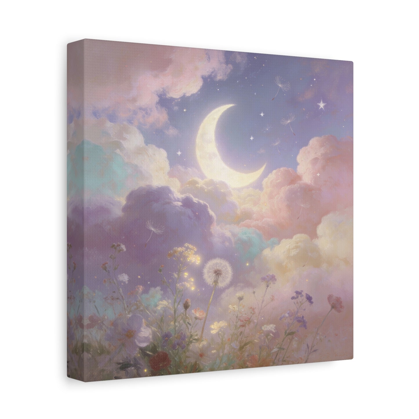 Crescent Moon Canvas Art Print - Dreamy Pastel Clouds, Dandelion Sky, Celestial Floral Scene - Cotton Matte Artwork - Lavender Nursery Accent, Bedroom Decoration, Meditation Space Decor