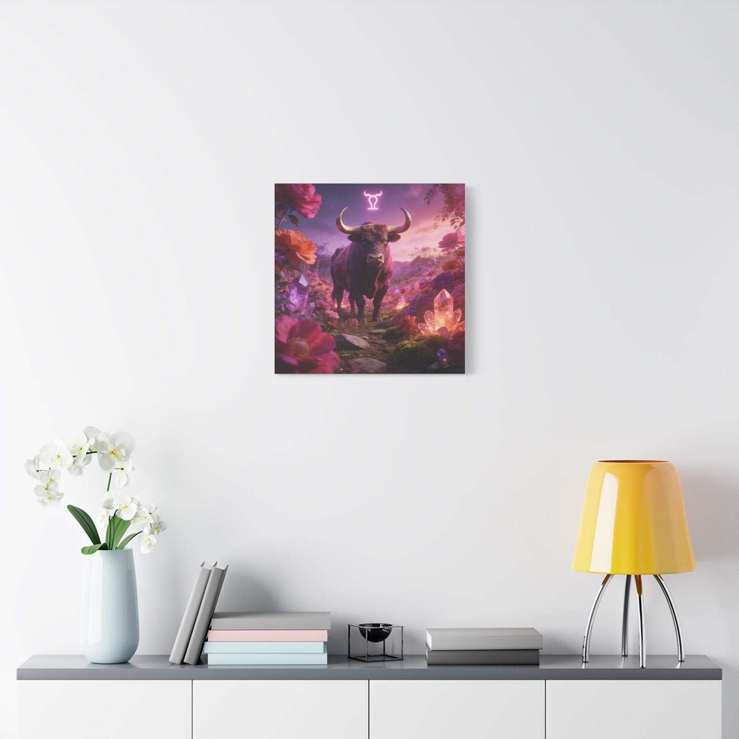 Taurus Zodiac Bull Canvas Wall Art - Neon Taurus Symbol, Floral Crystal Fantasy Print - Dreamy Purple Pink Celestial Decor - Bedroom Home Decoration, Bohemian Living Room Accent - Office Wall Art