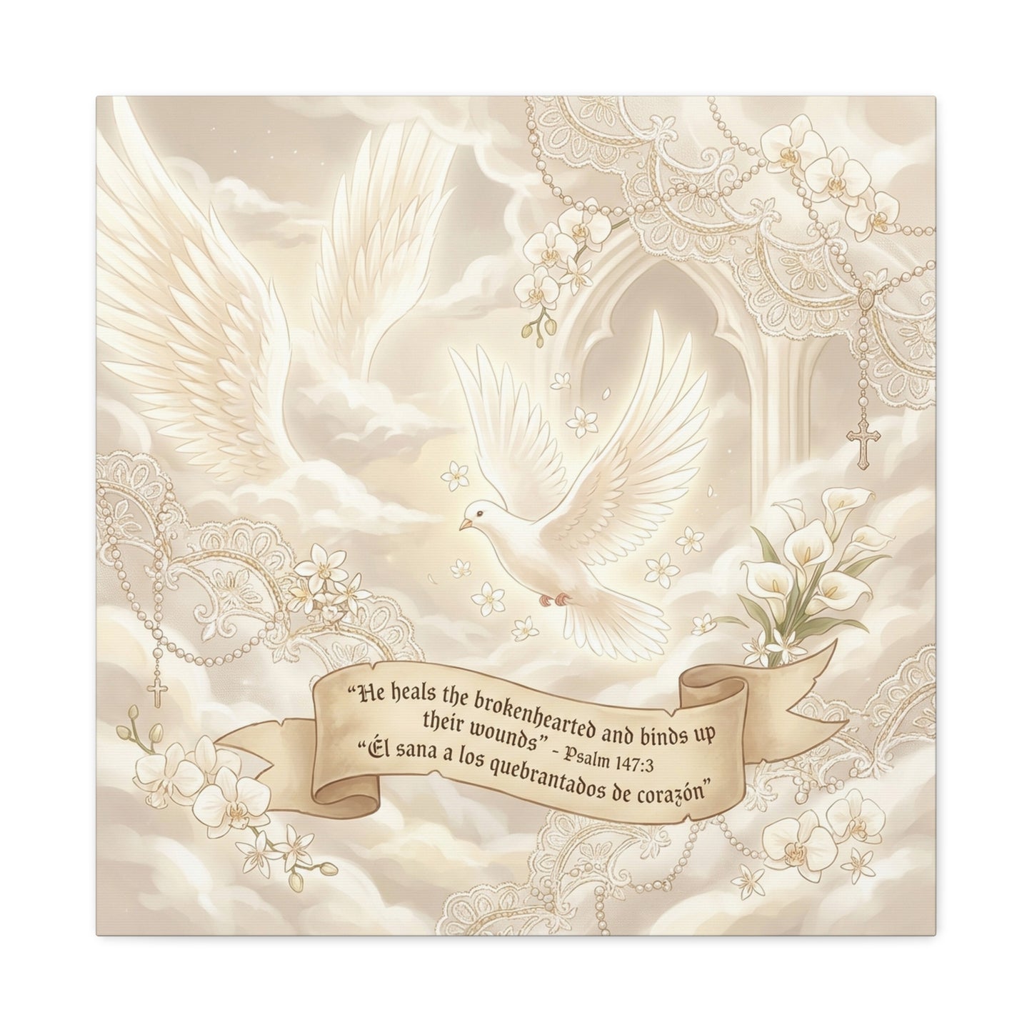 "He Heals The Brokenhearted And Binds Up Their Wounds" Canvas Wall Art - Dove, Cross, Psalm 147:3 Scripture Print - Beige Floral Christian Decor - Bedroom Living Room Home Decoration - Office Wall Art