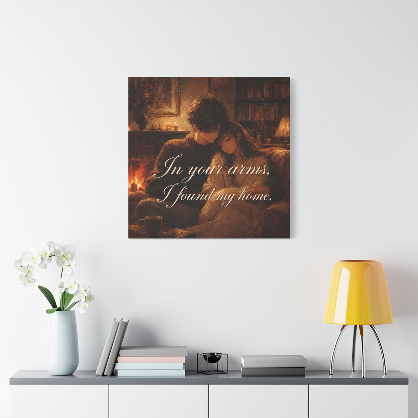 "In Your Arms, I Found My Home" Romantic Couple Canvas Wall Art - Cozy Fireplace Library Scene, Warm Vintage Style - Bedroom Home Decoration, Living Room Accent - Ready to Hang - Office Wall Art