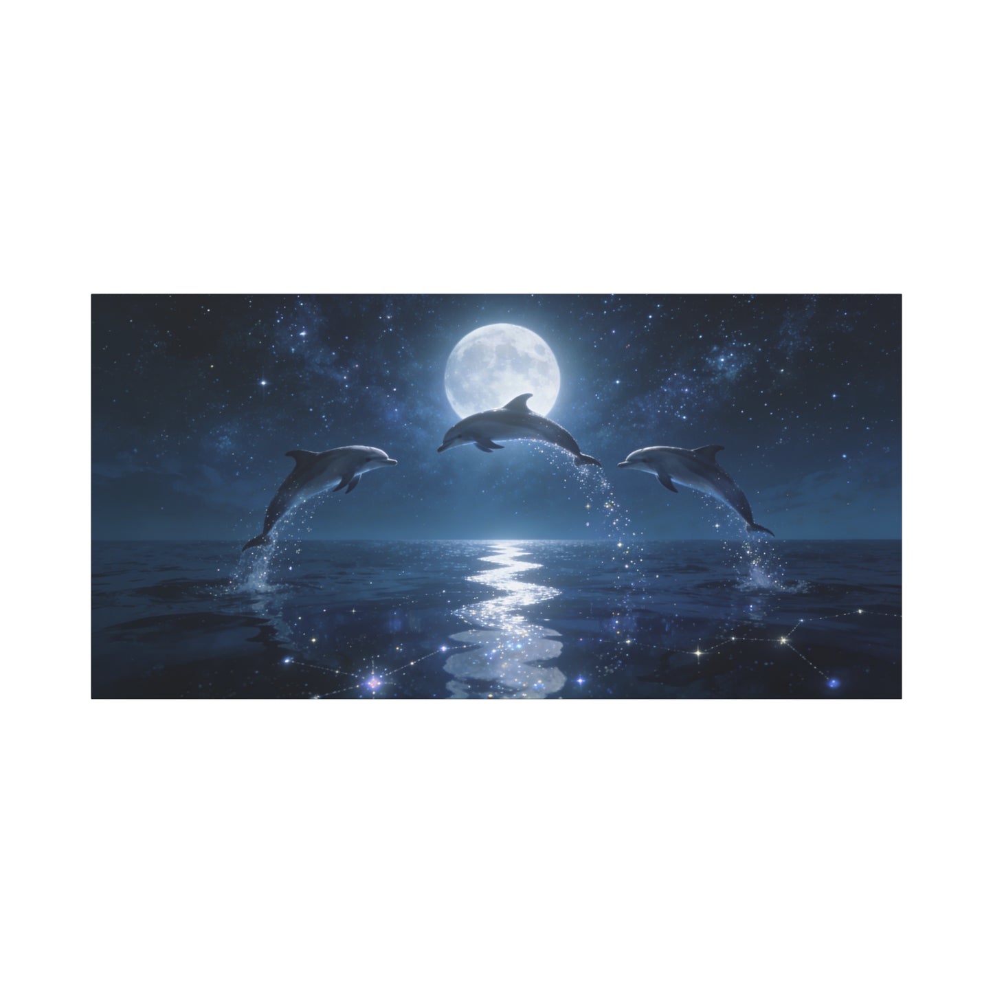 Moonlit Dolphin Canvas Wall Art - Starry Ocean Night Seascape Print - Celestial Blue Marine Decor, Matte Cotton Artwork - Bedroom Wall Decor, Living Room Home Decoration - Bedroom Home Decoration