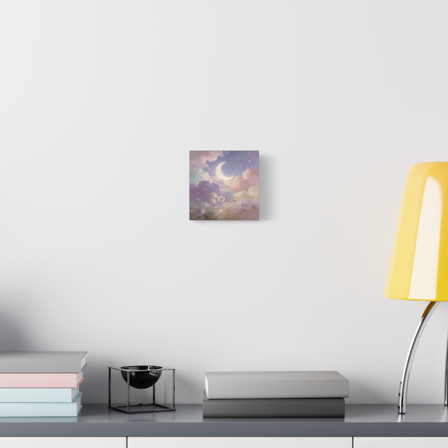 Crescent Moon Canvas Art Print - Dreamy Pastel Clouds, Dandelion Sky, Celestial Floral Scene - Cotton Matte Artwork - Lavender Nursery Accent, Bedroom Decoration, Meditation Space Decor