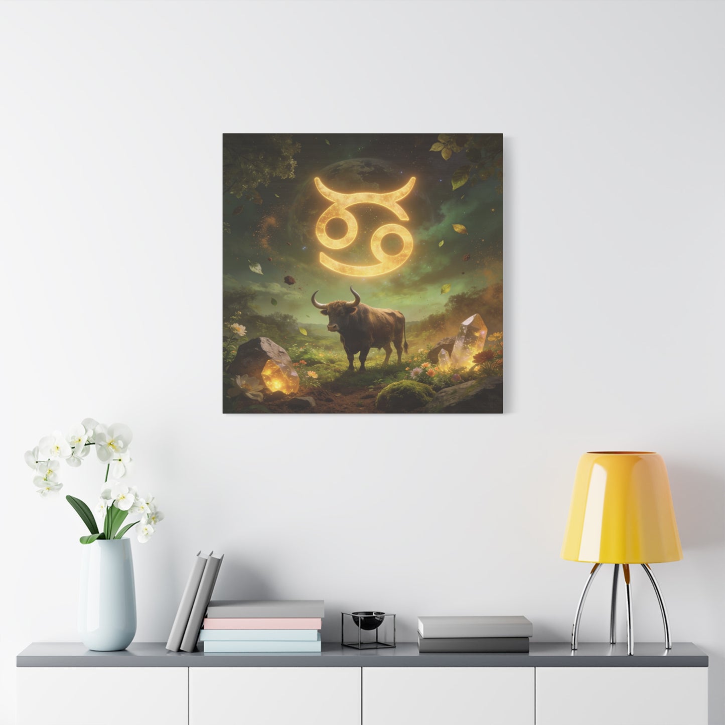 Cancer Zodiac Canvas Wall Art - Glowing Astrology Symbol, Bull And Crystal Fantasy Scene - Celestial Green Gold Illustration - Bedroom Home Decoration, Meditation Space Accent - Living Room Wall Decor