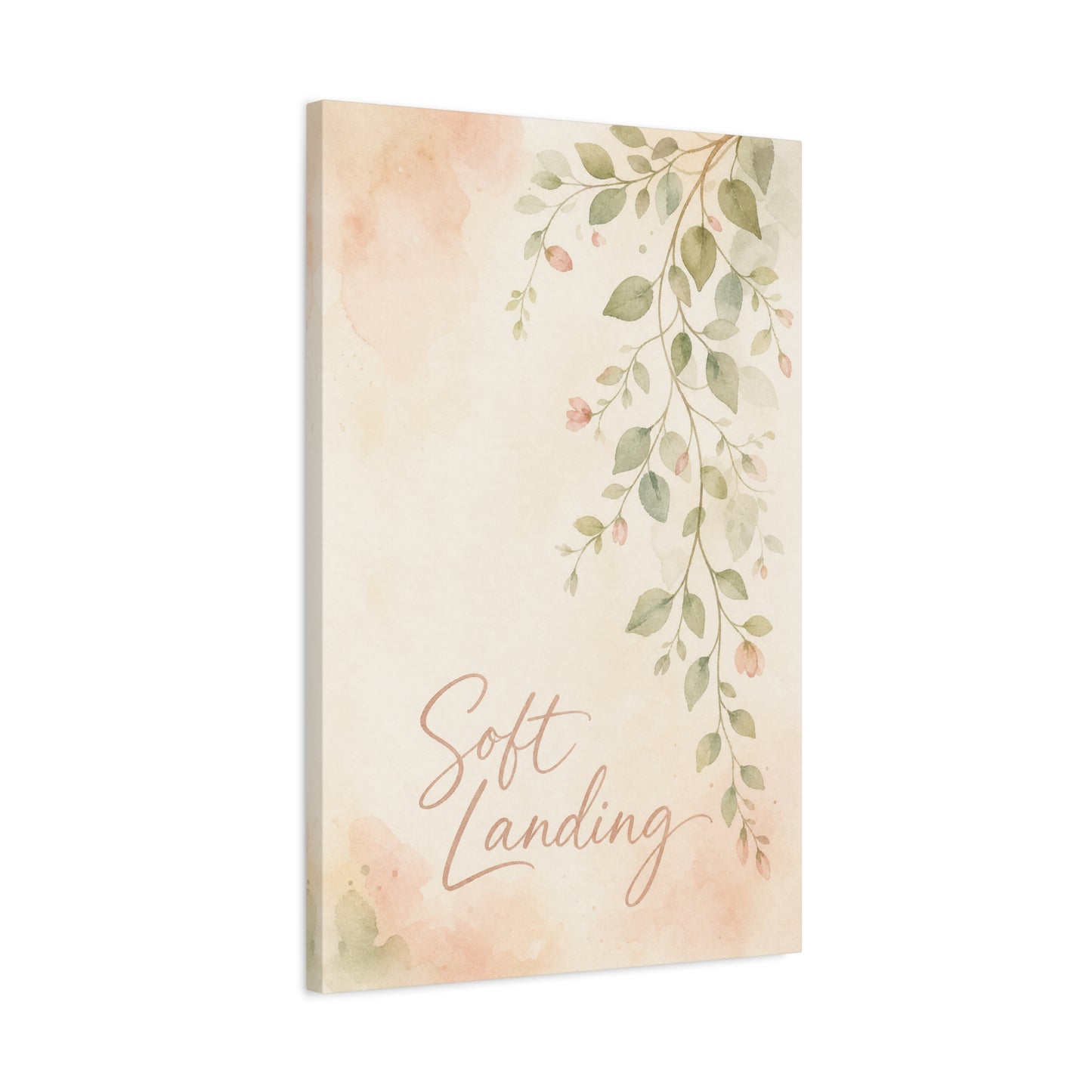 "Soft Landing" Botanical Canvas Wall Art - Watercolor Leaf Branch Quote Print - Blush Sage Floral Typography Decor - Bedroom Wall Hanging - Bedroom Home Decoration - Modern Farmhouse Style