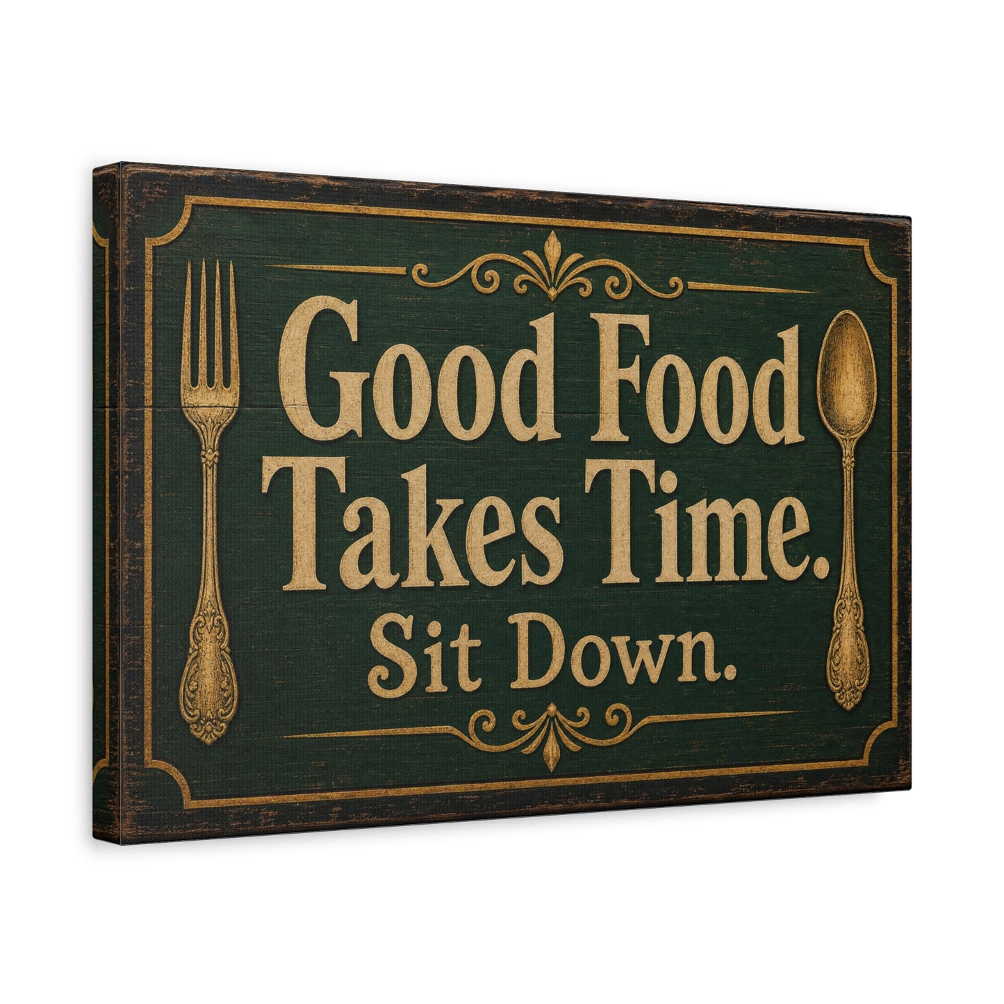 "Good Food Takes Time. Sit Down." Canvas Wall Art - Vintage Typography Decor - Rustic Farmhouse, Restaurant Wall Hanging - Modern Farmhouse Style - Ready to Hang - Bistro Sign Decor - HP Latex Print