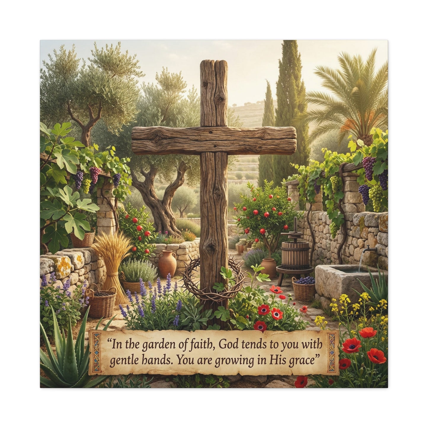 "In The Garden Of Faith, God Tends To You With Gentle Hands. You Are Growing In His Grace" Canvas Wall Art - Rustic Wooden Cross, Christian Garden Scene - Living Room Wall Decor - Ready to Hang