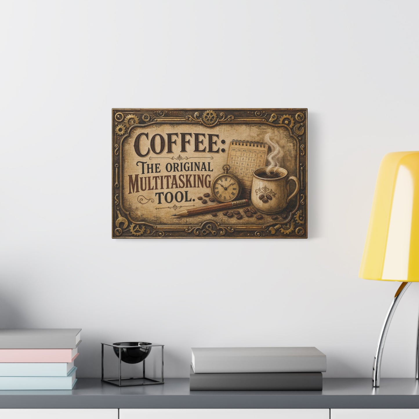 "Coffee: The Original Multitasking Tool." Canvas Wall Art - Vintage Coffee Cup Quote Print, Rustic Wall Decor, Steampunk Style, Cafe Accent - Ready to Hang - Bistro Decor - Espresso Bar Sign