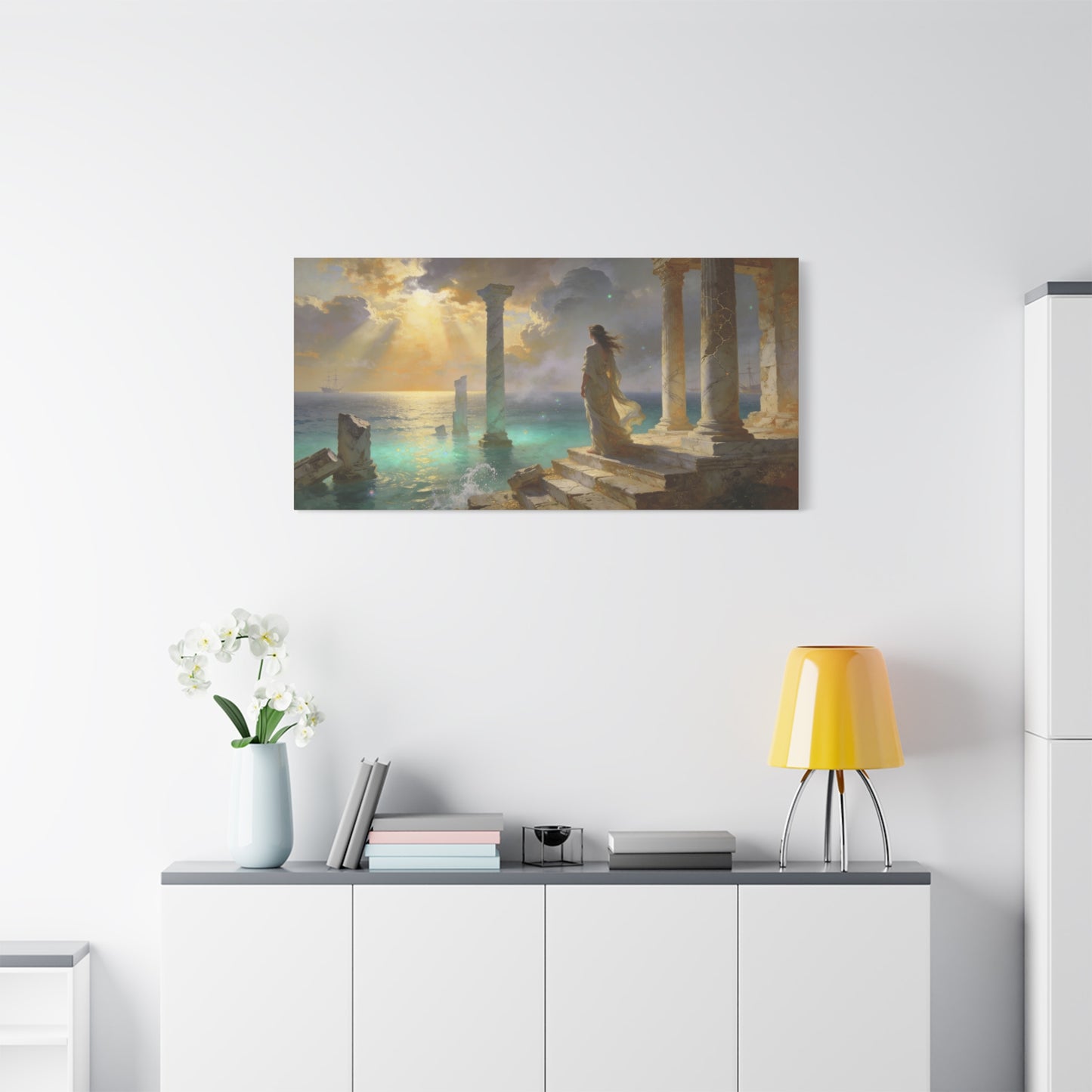 Seaside Ruins Canvas Wall Art - Woman In Flowing Gown, Sunbeams Over Ancient Columns - Luminous Coastal Painting - Living Room Wall Decor, Bedroom Home Decoration, Office Art - Bedroom Home Decoration