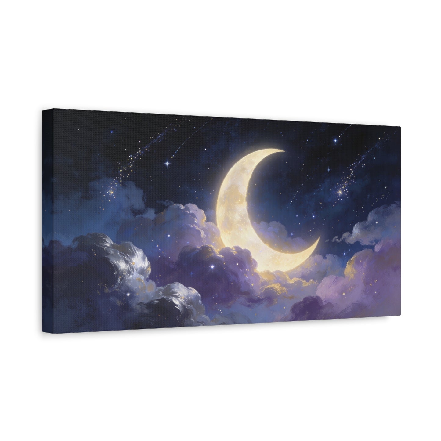 Crescent Moon Canvas Wall Art - Dreamy Night Sky Clouds, Celestial Starry Canvas Print - Contemporary Blue Gold Fantasy Decor - Bedroom Wall Decor, Living Room Home Accent - Bedroom Home Decoration