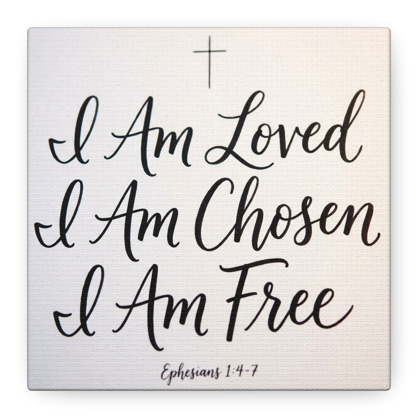 "I Am Loved, Chosen, Free" Christian Canvas Wall Art - Ephesians 1:4-7 Scripture Cross Print - Neutral Typography Decor - Bedroom Home Decoration, Living Room Wall Decor - Ready to Hang