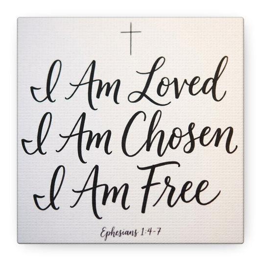 "I Am Loved, Chosen, Free" Christian Canvas Wall Art - Ephesians 1:4-7 Scripture Cross Print - Neutral Typography Decor - Bedroom Home Decoration, Living Room Wall Decor - Ready to Hang